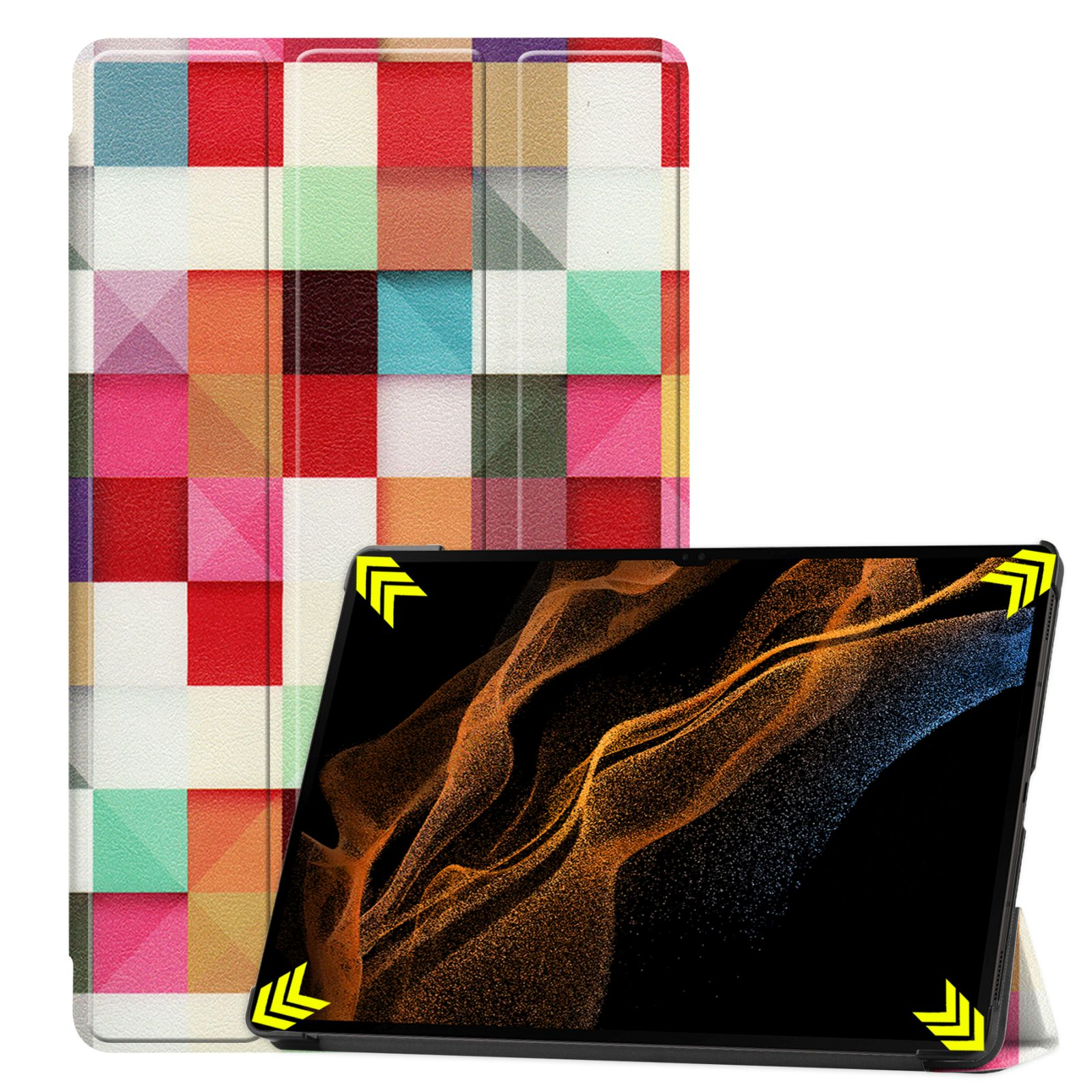 Tablet und Hülle. Hülle mit buntem, geometrischem Muster. Tablet-Bildschirm zeigt abstrakte orange und gelbe Formen.