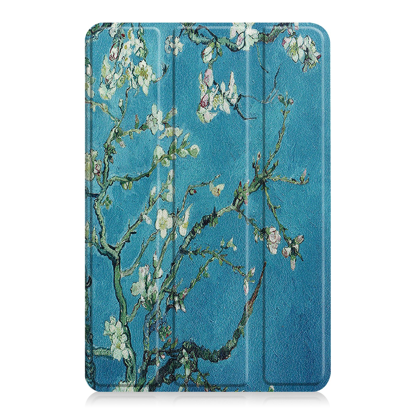 Tablet-Hülle mit Blumendesign, blauer Hintergrund, Malerei von Blumen.