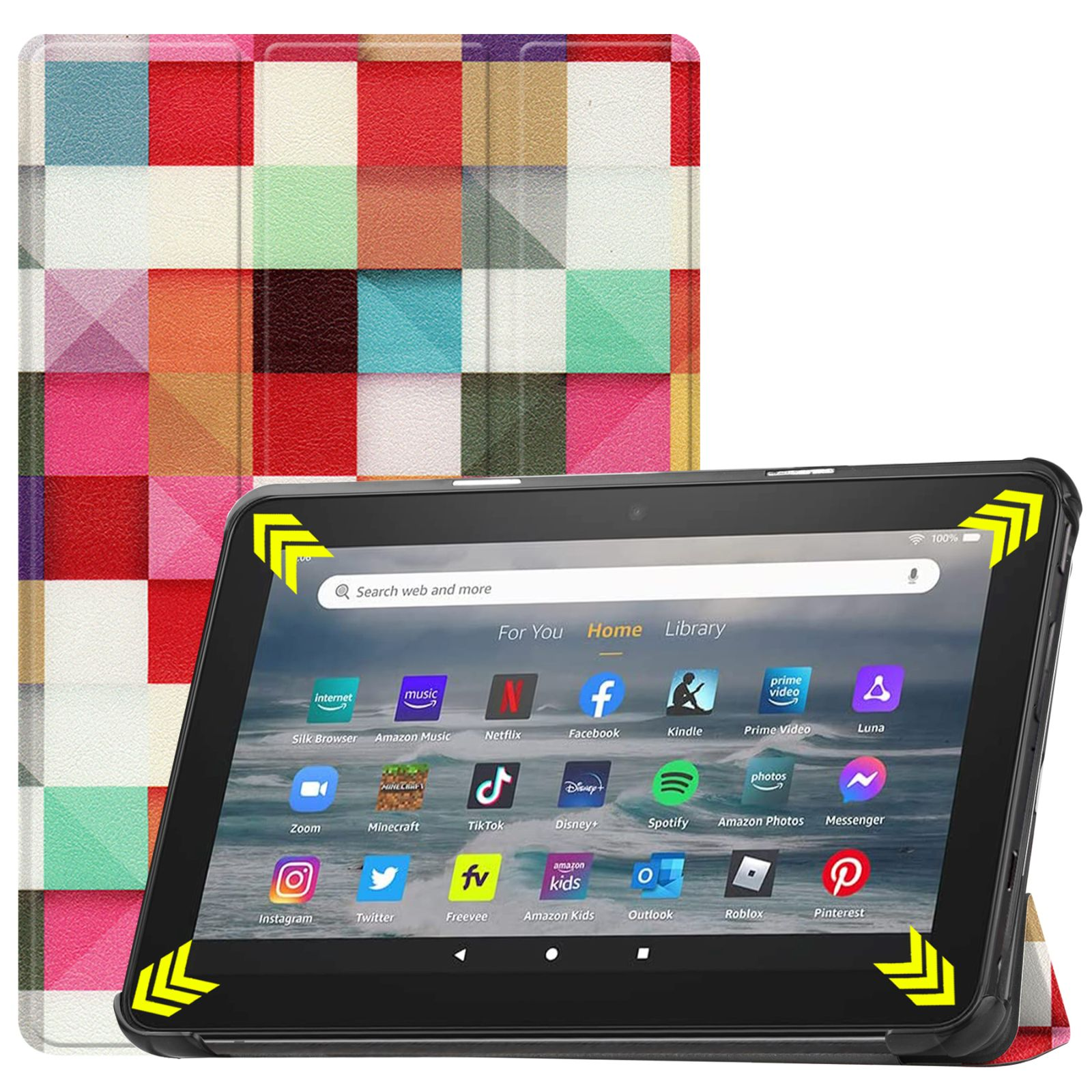 Tablet mit Hülle. Die Hülle ist bunt. Tablet hat Apps auf dem Bildschirm.