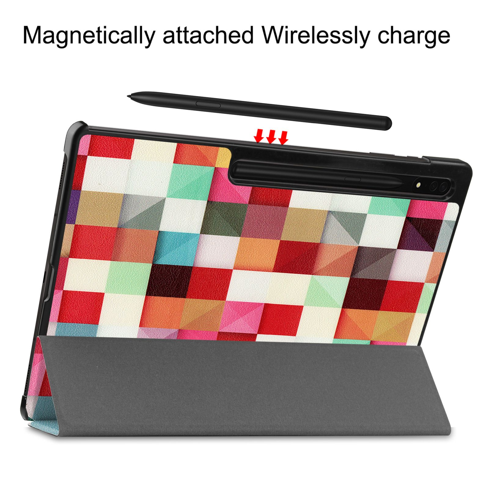 Tablet mit Hülle und Stift. Buntes geometrisches Design. Kabelloses Aufladen.