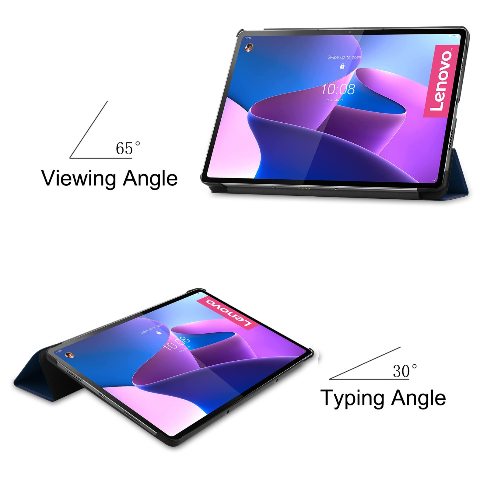 Tablet mit Hülle, zeigt Betrachtungs- und Tippwinkel. Lenovo-Logo auf der Hülle.