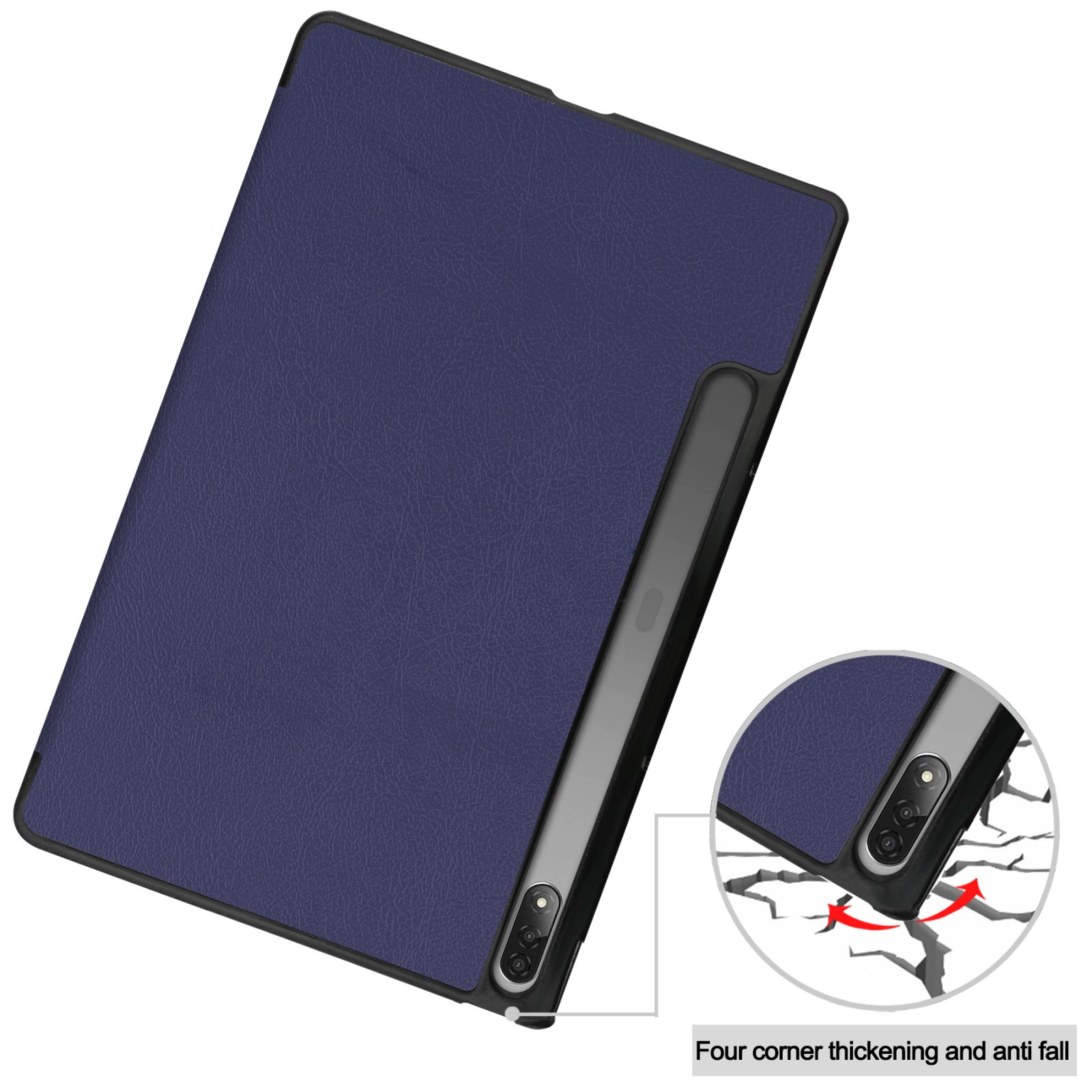 Tablet-Hülle. Die Hülle ist dunkelblau und hat einen Ständer. Der Hintergrund ist weiß.