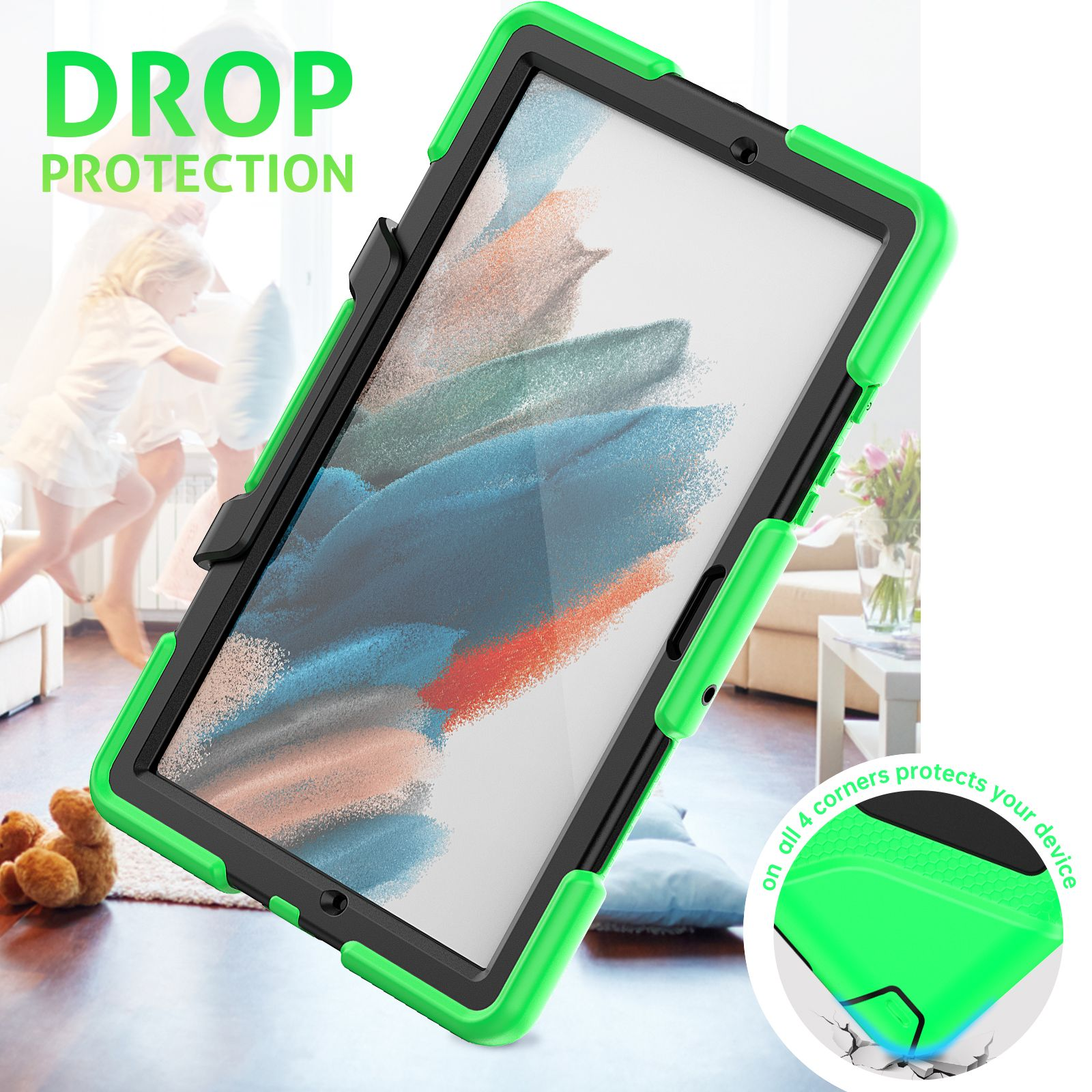 Ein Tablet in einer grün-schwarzen Hülle. Ein Kind im Hintergrund, Text: "DROP PROTECTION".