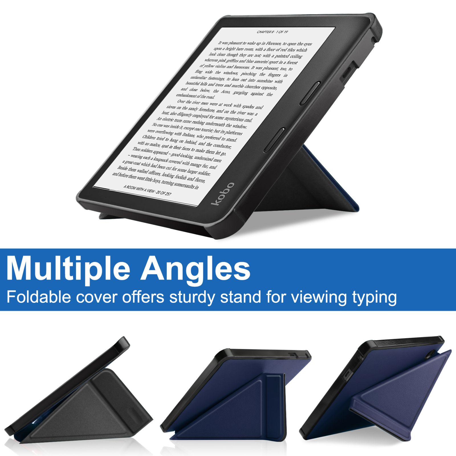 E-Reader in einem Ständer mit mehreren Winkeln und faltbarer Hülle. Der Text zeigt die Standfunktion.