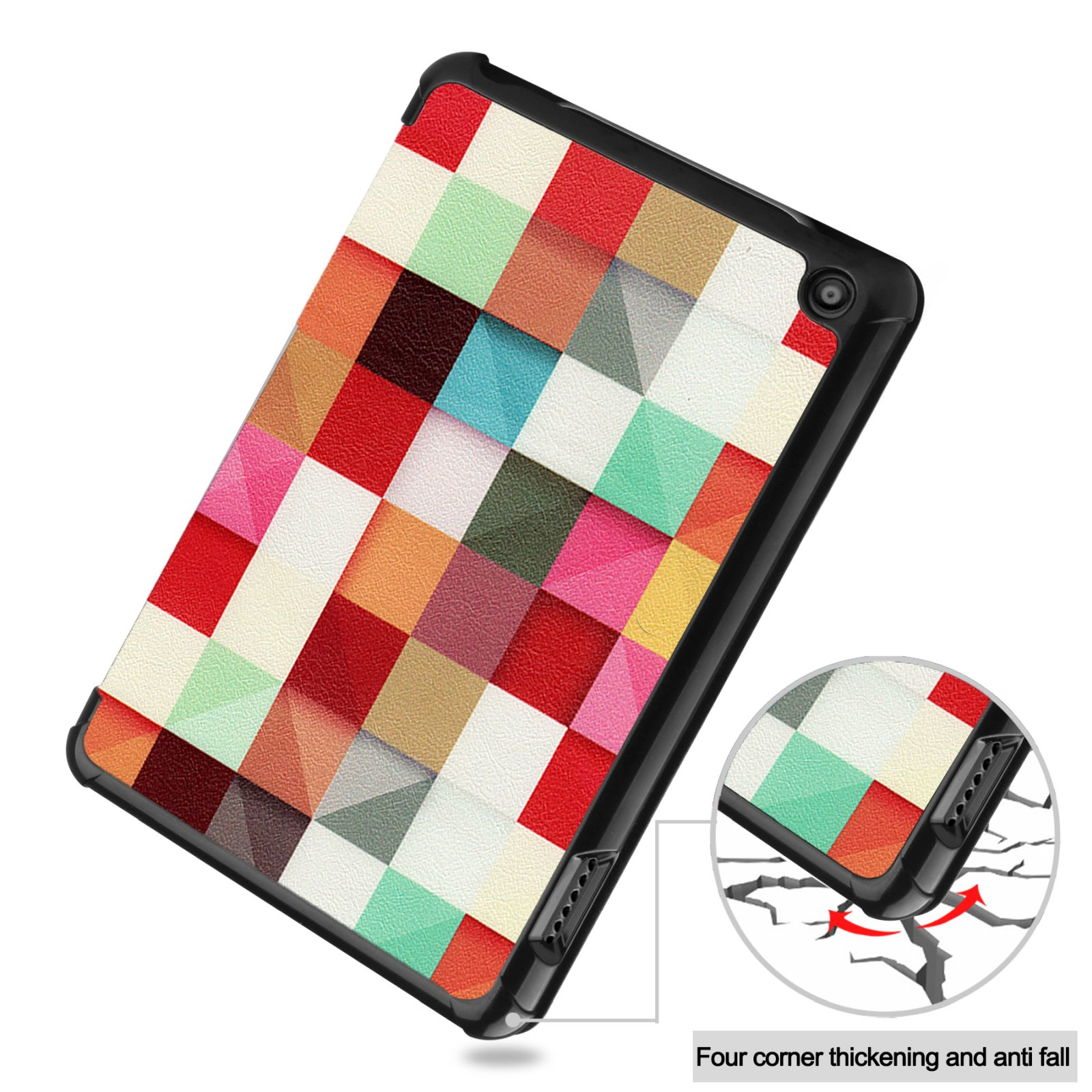 Tablet-Hülle mit farbenfrohem geometrischem Design. Ein kleiner Einsatz zeigt einen Eckaufprall.