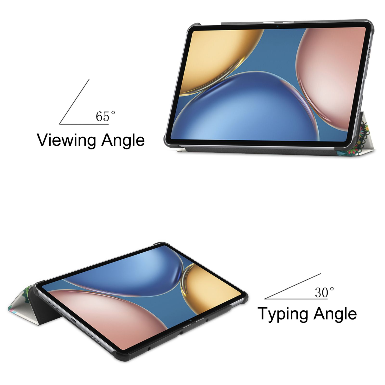Tablet mit Hülle, abgewinkelt für 65 Grad Betrachtung und 30 Grad Tippen. Display zeigt ein abstraktes Design.