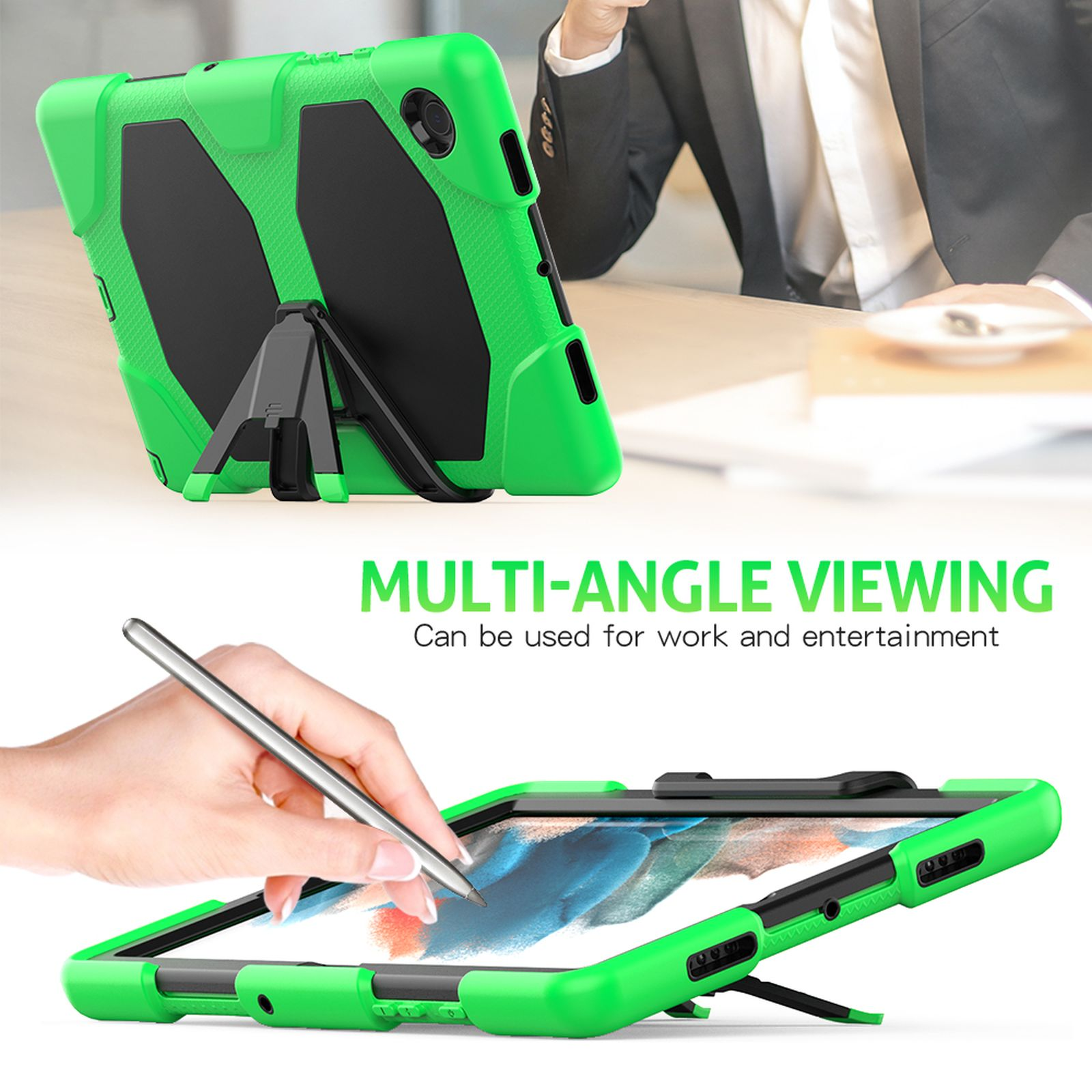 Grüne und schwarze Tablet-Hülle mit Ständer und Person mit Stylus. Text: 'MULTI-ANGLE VIEWING'.