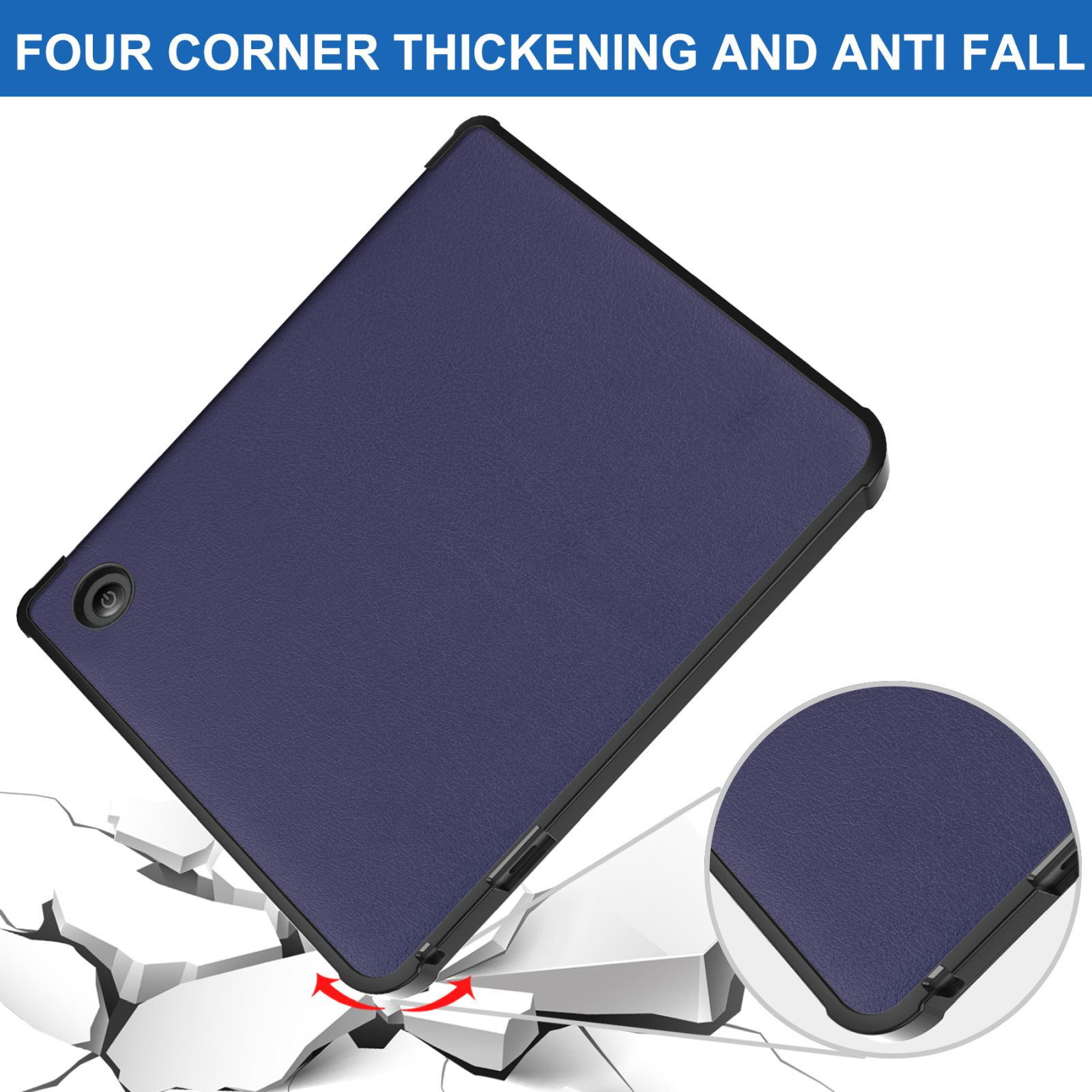 Eine blaue Tablet-Hülle mit Nahaufnahme der Ecke, die den Schutz zeigt.