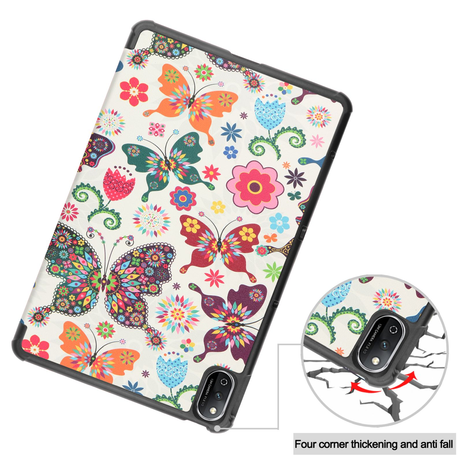 Tablet-Hülle mit Schmetterling- und Blumendesign. Eckenschutz und Anti-Fall-Funktionen.