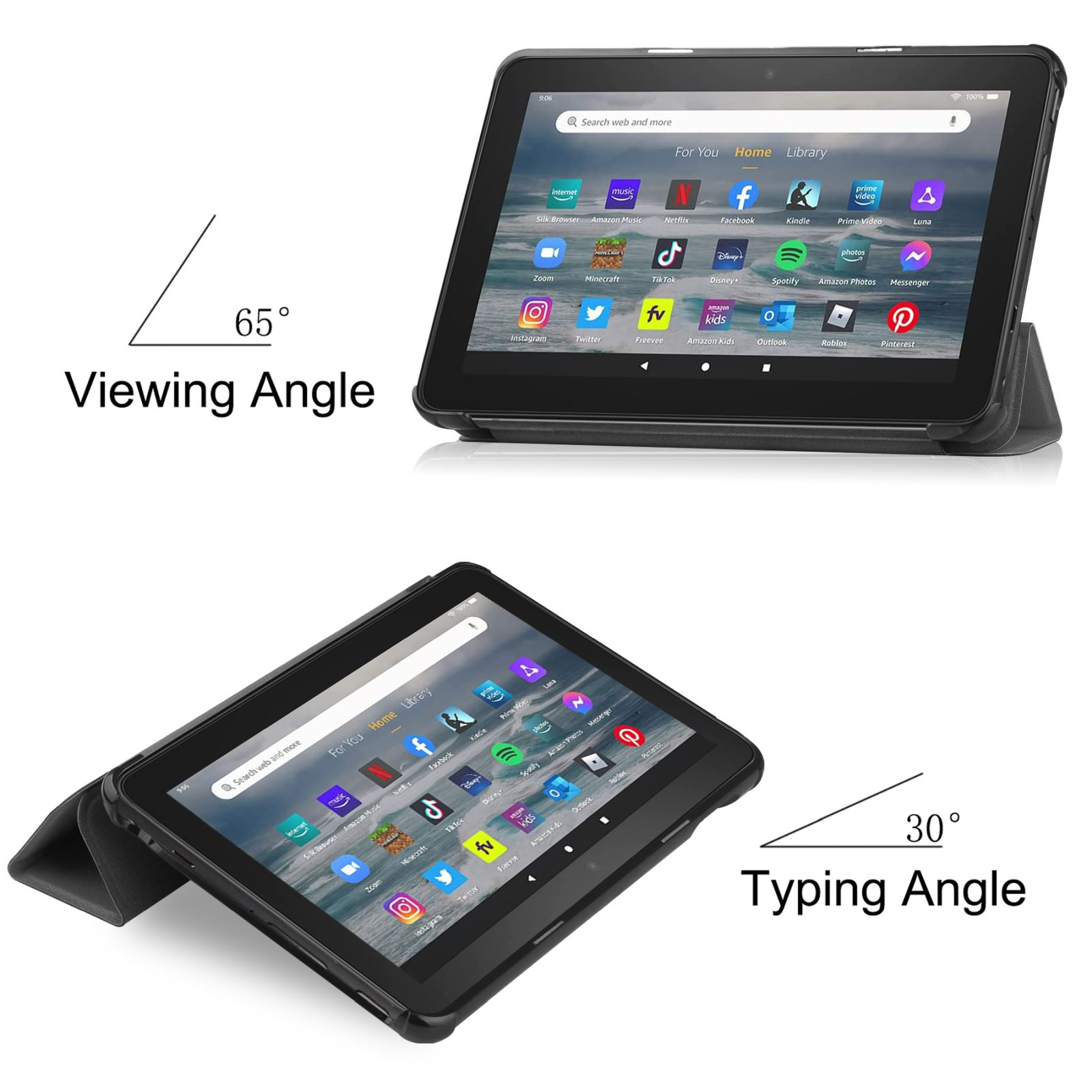 Tablet in einer Hülle, Betrachtungs- und Tippwinkel werden gezeigt.