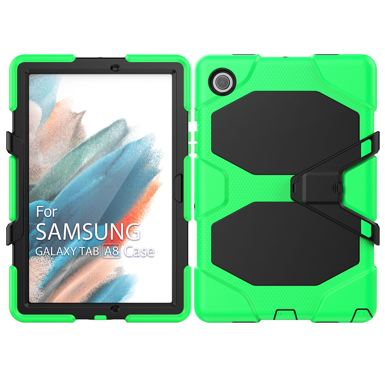 Grüne Tablethülle mit schwarzen Akzenten, Text: Für Samsung. Weißer Hintergrund.