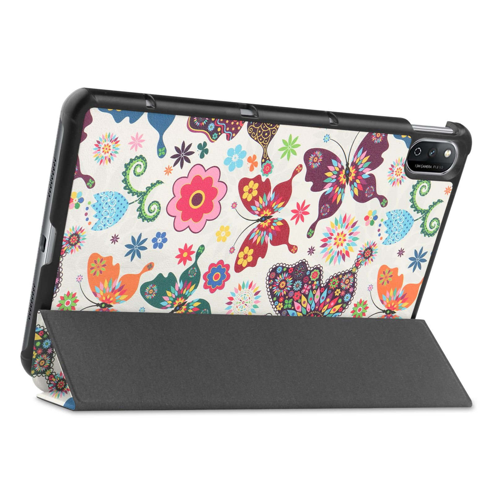 Eine Tablet-Hülle mit buntem Schmetterlings- und Blumenmuster. Das Tablet ist offen gekippt.