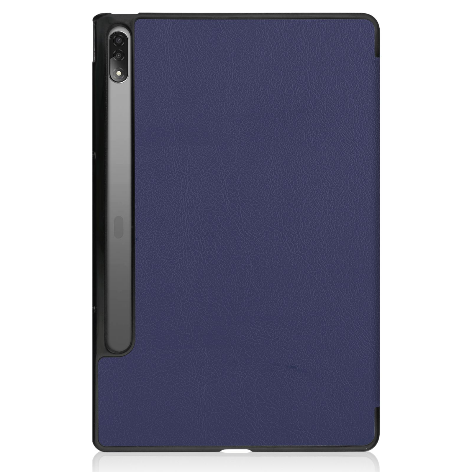 Tablet-Hülle, marineblau, mit schwarzer Seite und Kameraausschnitt.