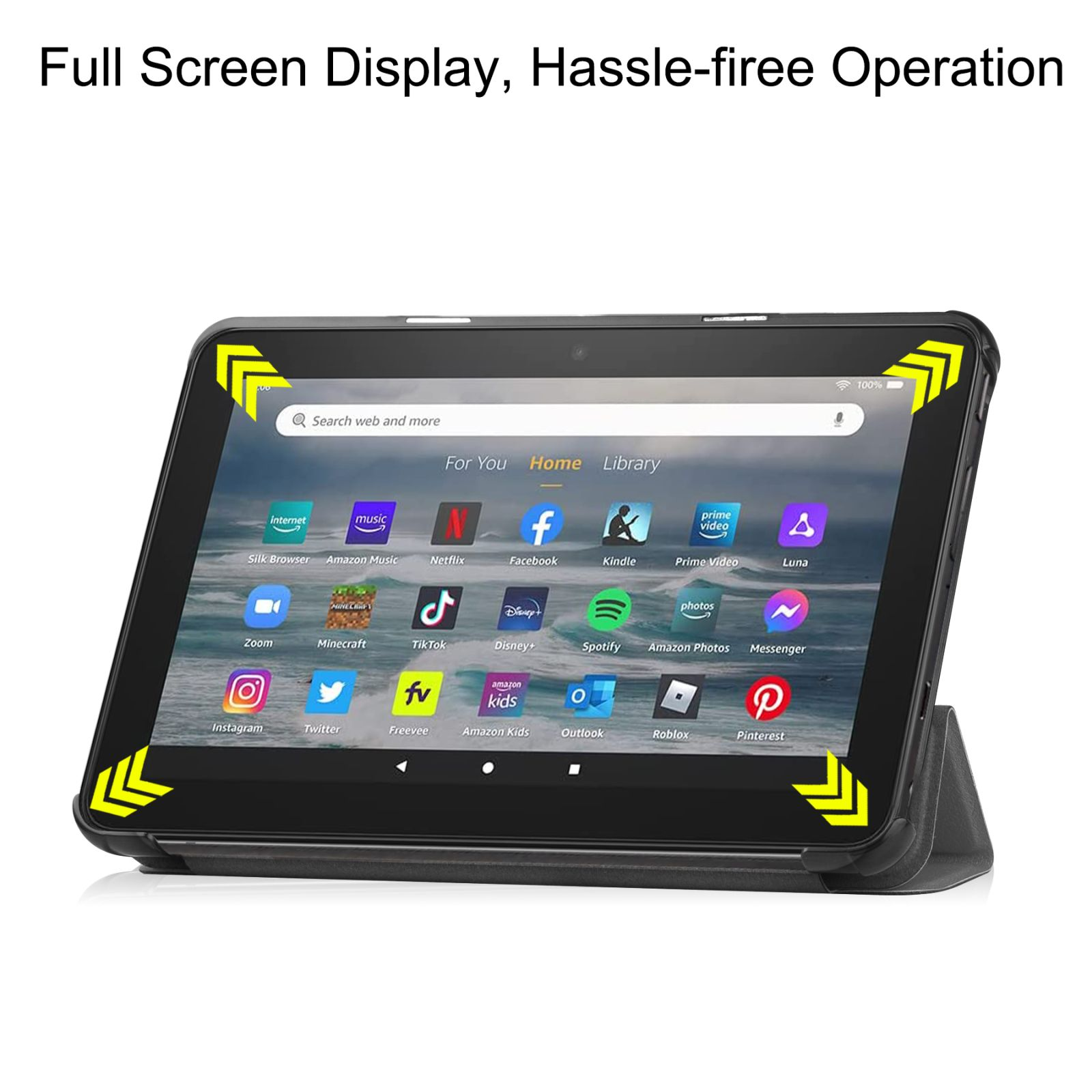 Tablet mit Bildschirm mit App-Symbolen, in schwarzer Hülle. Der Bildschirm ist eine Vollbildanzeige.