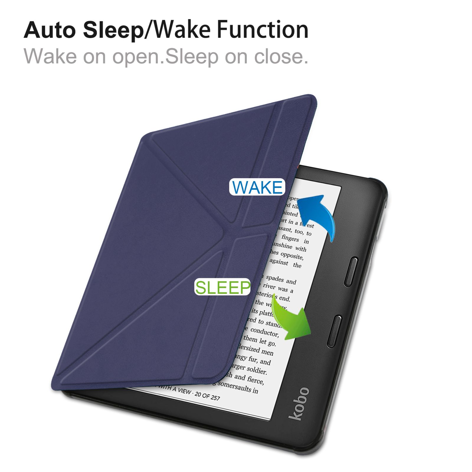 Ein E-Reader in einem blauen Cover, offen, mit Text zur Schlaf-/Weckfunktion.