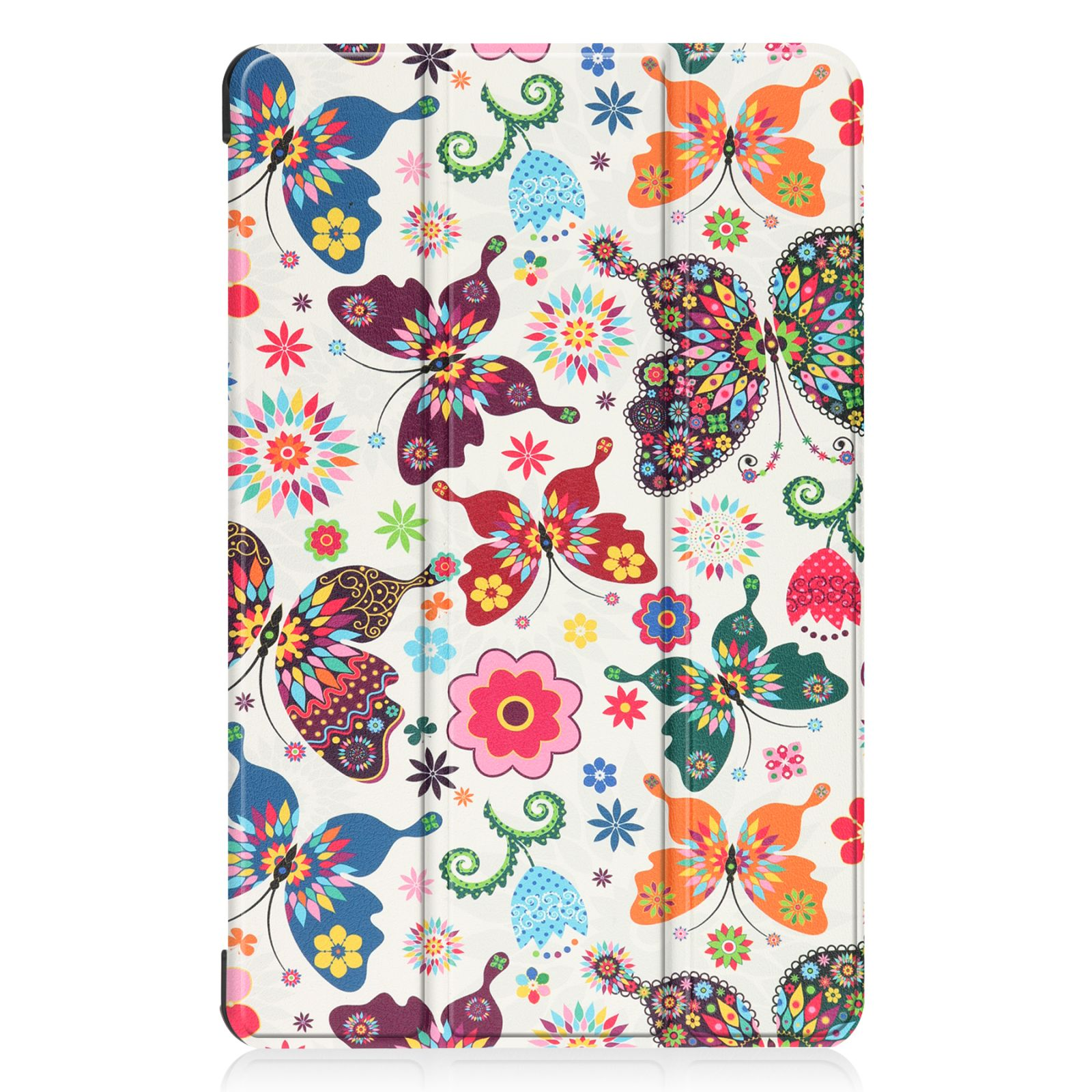 Tablet-Hülle mit Schmetterlings- und Blumenmuster. Die Hülle ist geöffnet und wird angezeigt.