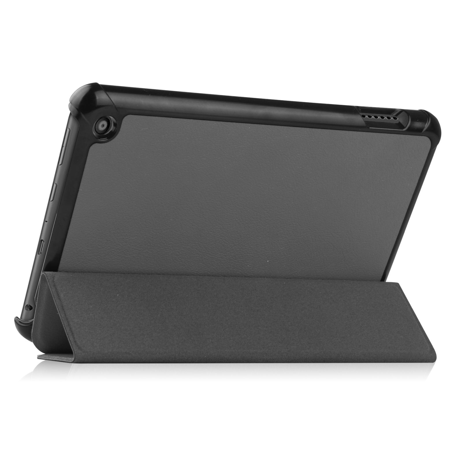 Ein Tablet in einer schwarzen Hülle, zusammengeklappt zum Aufstellen. Hülle und Tablet sind grau.