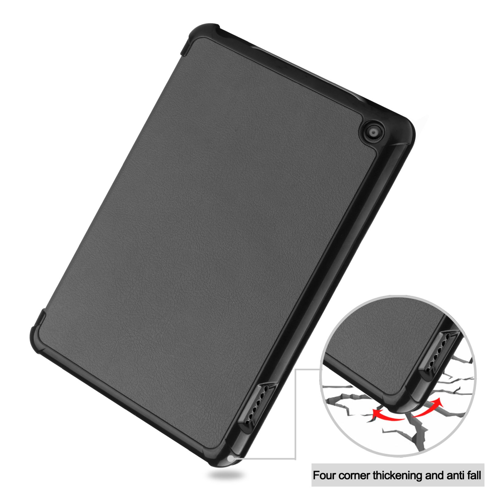 Schwarze Tablet-Hülle, mit Nahaufnahme der Ecke zum Schutz.