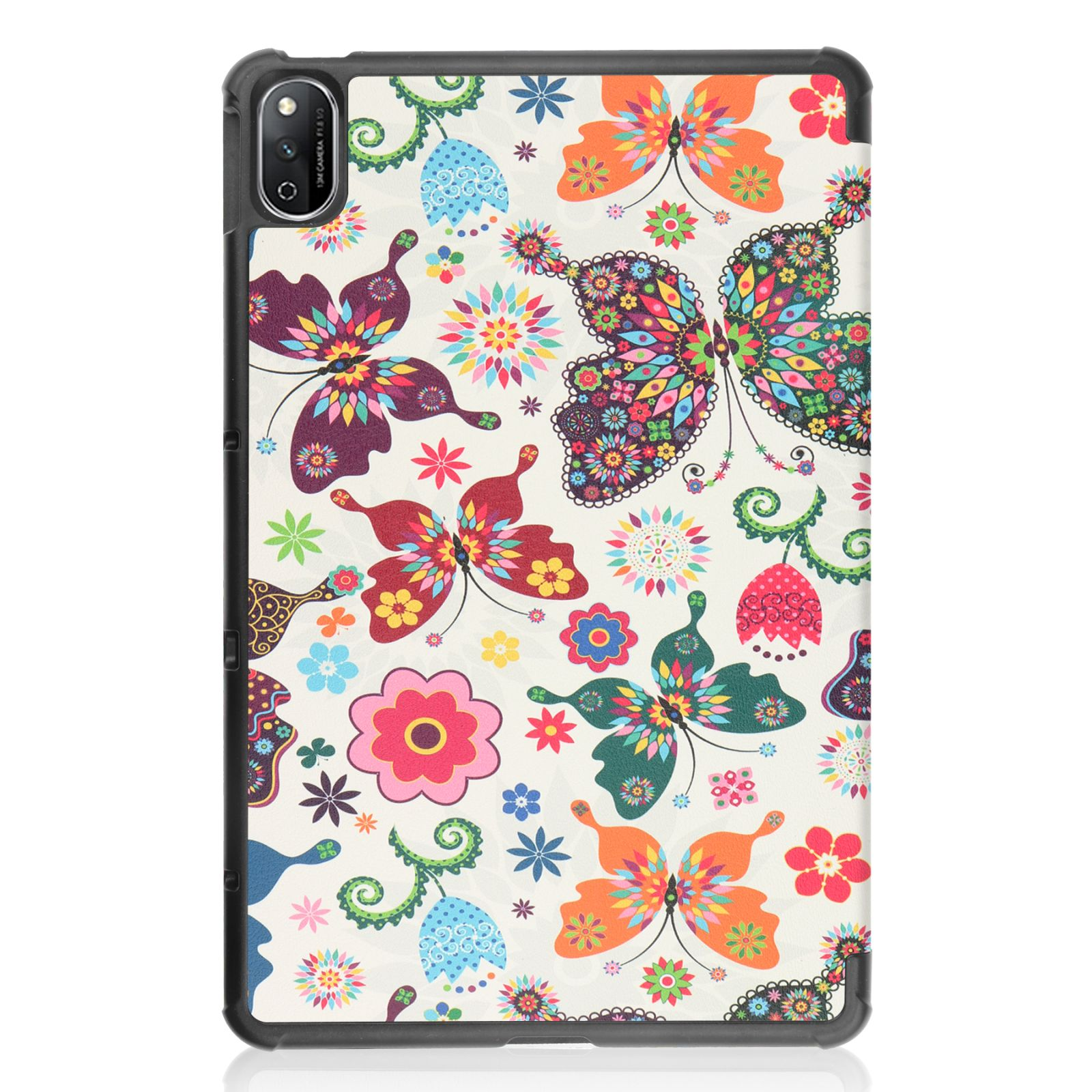 Tablet-Hülle mit farbenfrohem Schmetterlingsmuster. Die Hülle ist weiß.