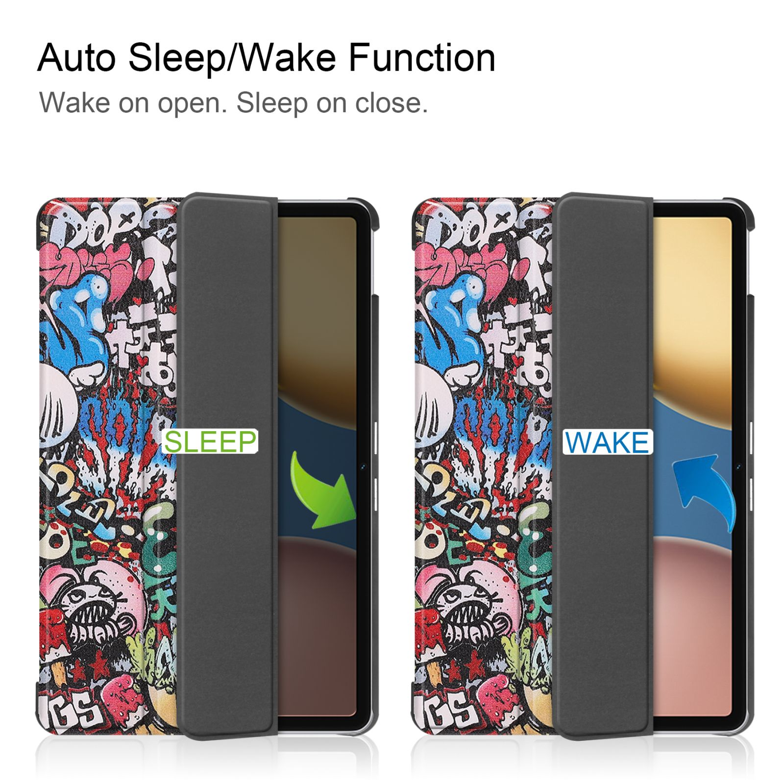 Tablet-Hülle mit Graffiti-Kunst. Sleep/Wake-Funktion mit Pfeilen, die die Öffnungs-/Schließpositionen anzeigen.