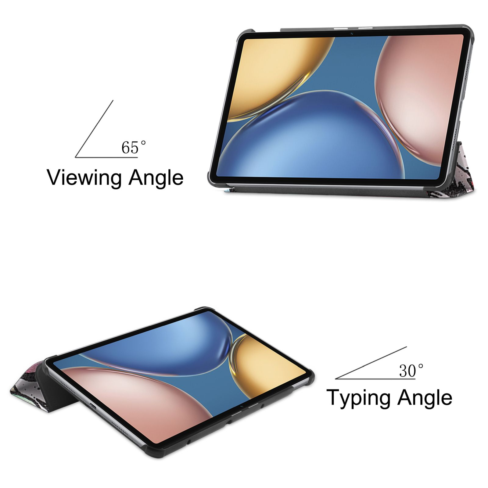 Tablet in einer Hülle mit einem Betrachtungswinkel von 65 Grad und einem Tippwinkel von 30 Grad.