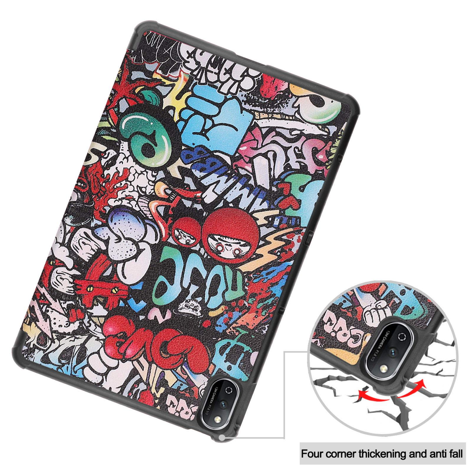 Eine Tablet-Hülle mit Graffiti-Kunst auf weißem Hintergrund, mit Nahaufnahme des Kamerabereichs.
