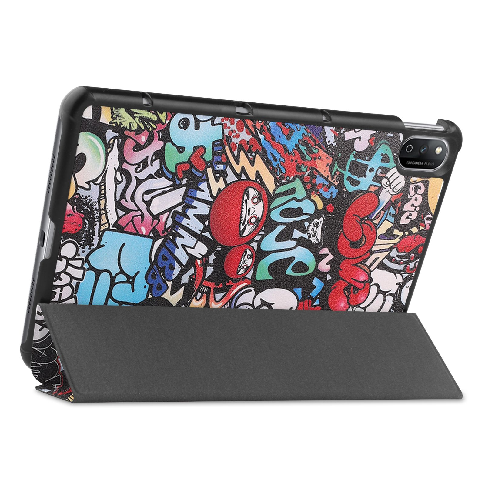 Tablet-Hülle mit Graffiti-Kunst. Die Hülle ist geöffnet und das Tablet ist sichtbar.
