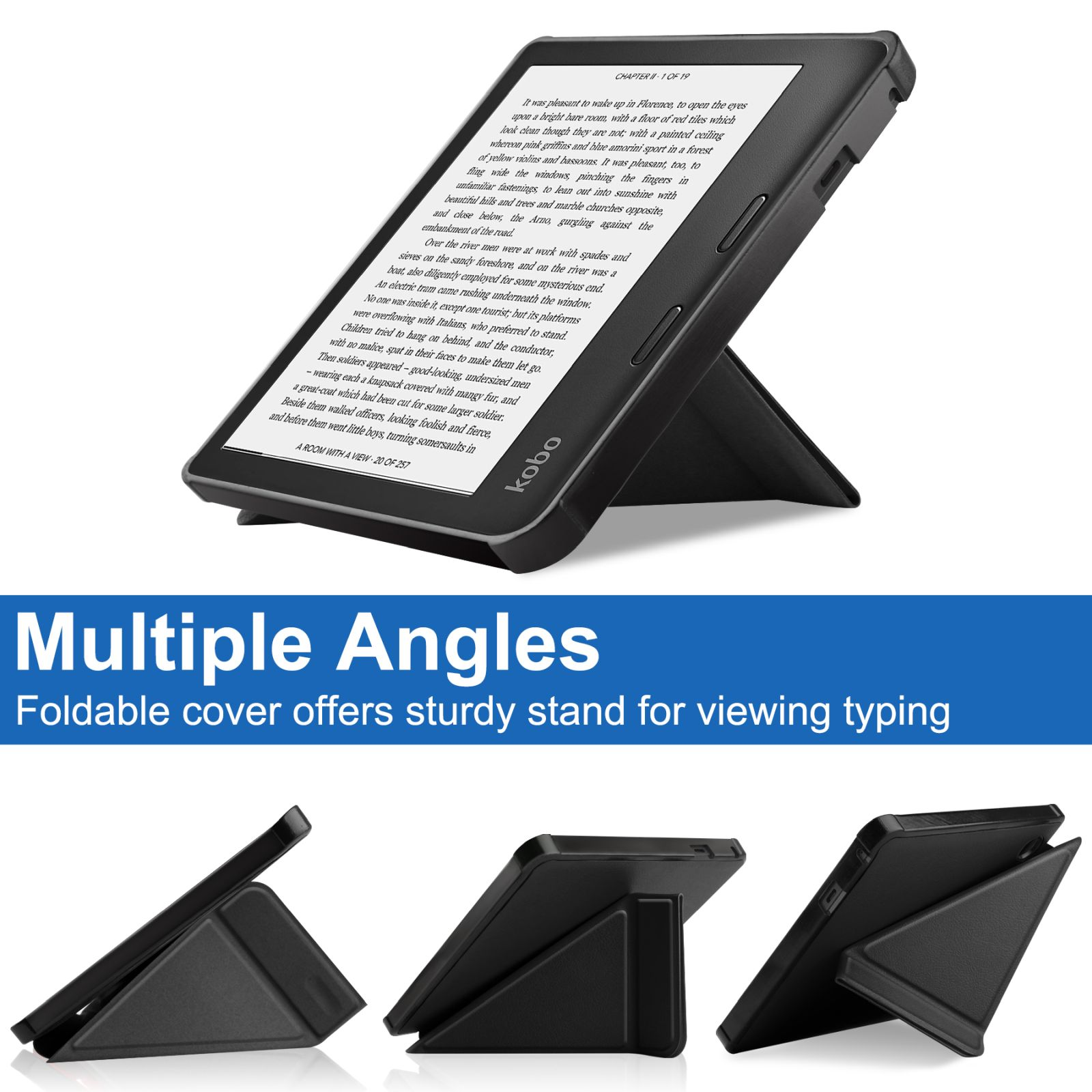 Schwarzer E-Reader in einem Ständer mit geöffnetem Cover. Mehrere Winkel.