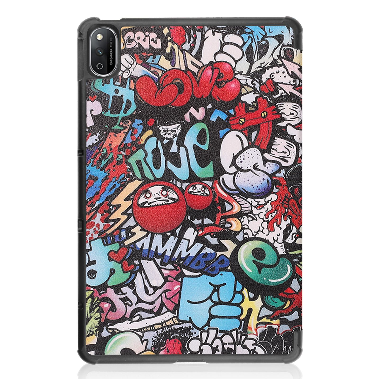 Tablethülle mit Graffiti-Kunst. Die Hülle hat einen schwarzen Rahmen und das Wort LIEBE in Rot.