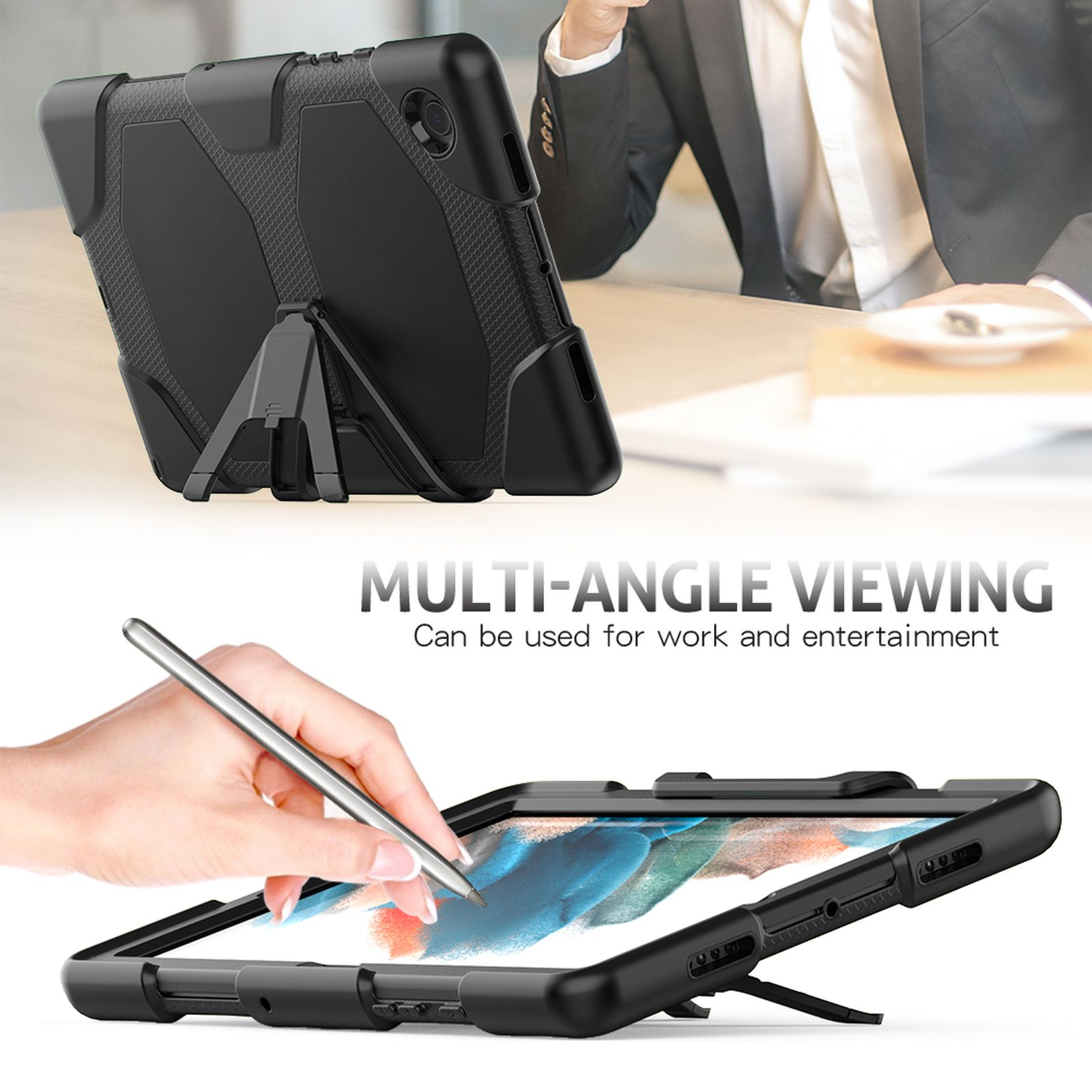 Ein schwarzes Tablet in einer schwarzen Schutzhülle mit Ständer. Eine Hand benutzt einen Stift auf dem Bildschirm.