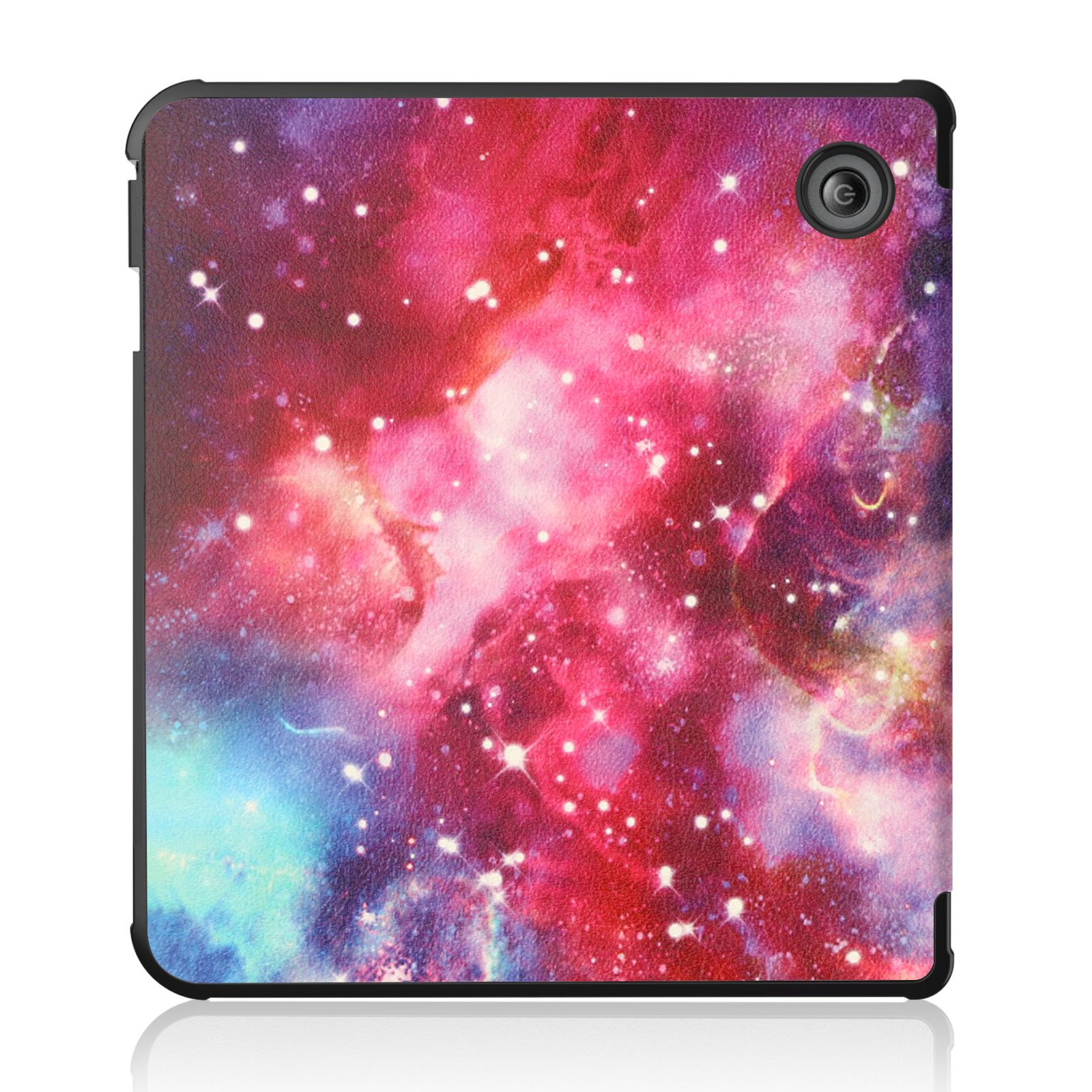 Tablethülle mit Galaxiedruck in Rot, Pink, Lila und Blau.