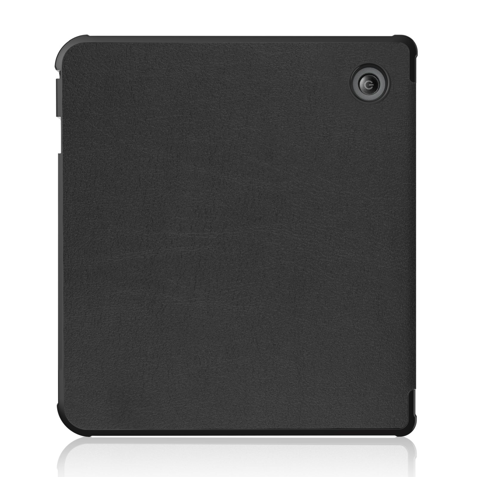 Schwarze Tablethülle, schlichtes Design, mit Kameraöffnung auf weißem Hintergrund.