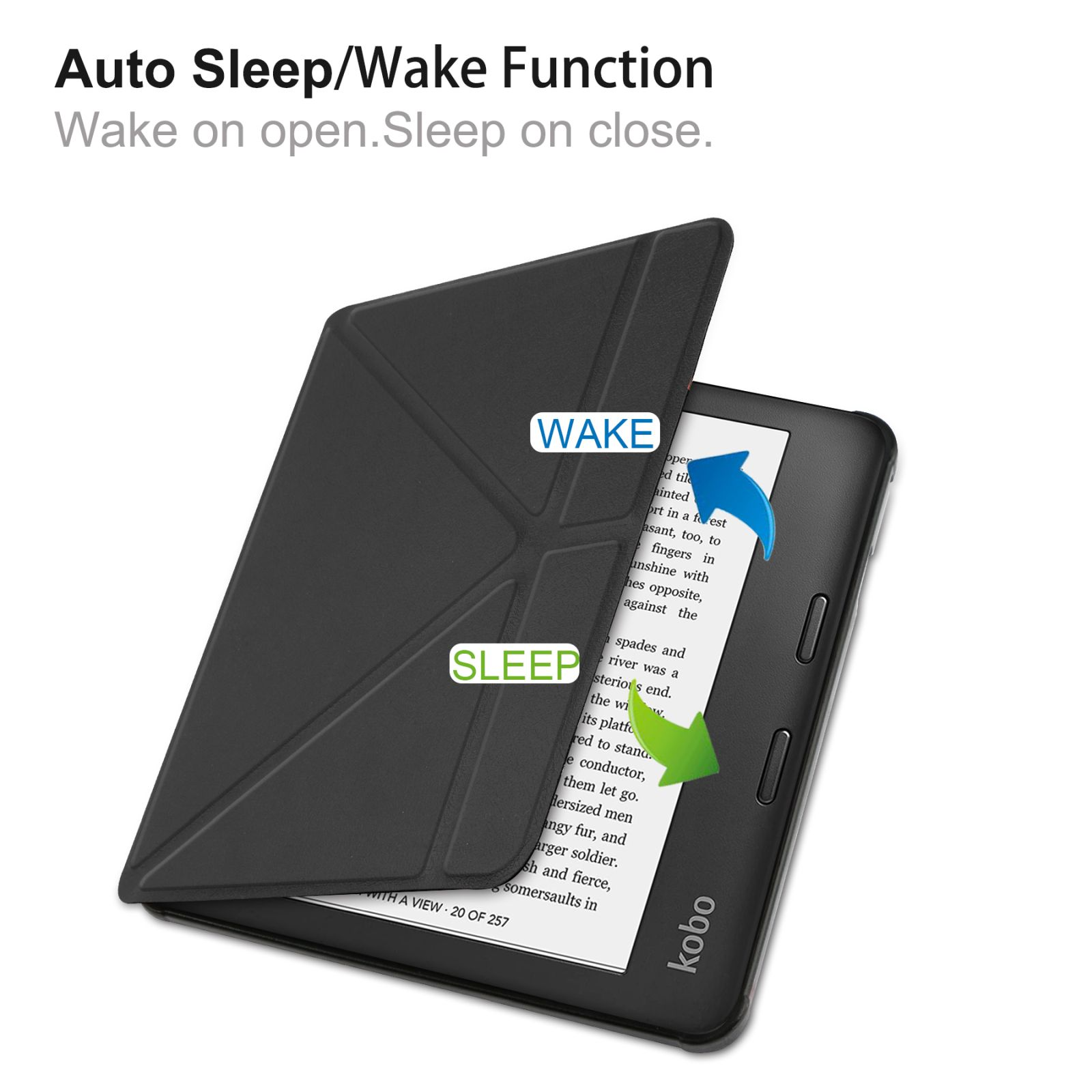 Ein schwarzes Tablet mit offenem Deckel. Text zeigt die Schlaf-/Weckfunktion. Der Bildschirm zeigt Text.