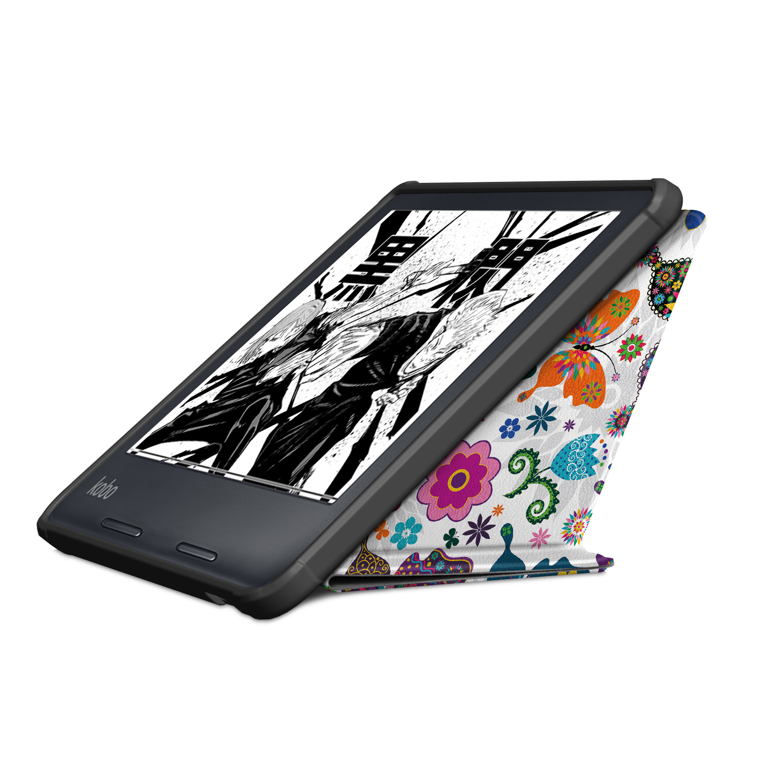 E-Reader in schwarzem Gehäuse, geöffnet. Buchcover mit Blumen und Kunst. Weißer Hintergrund.