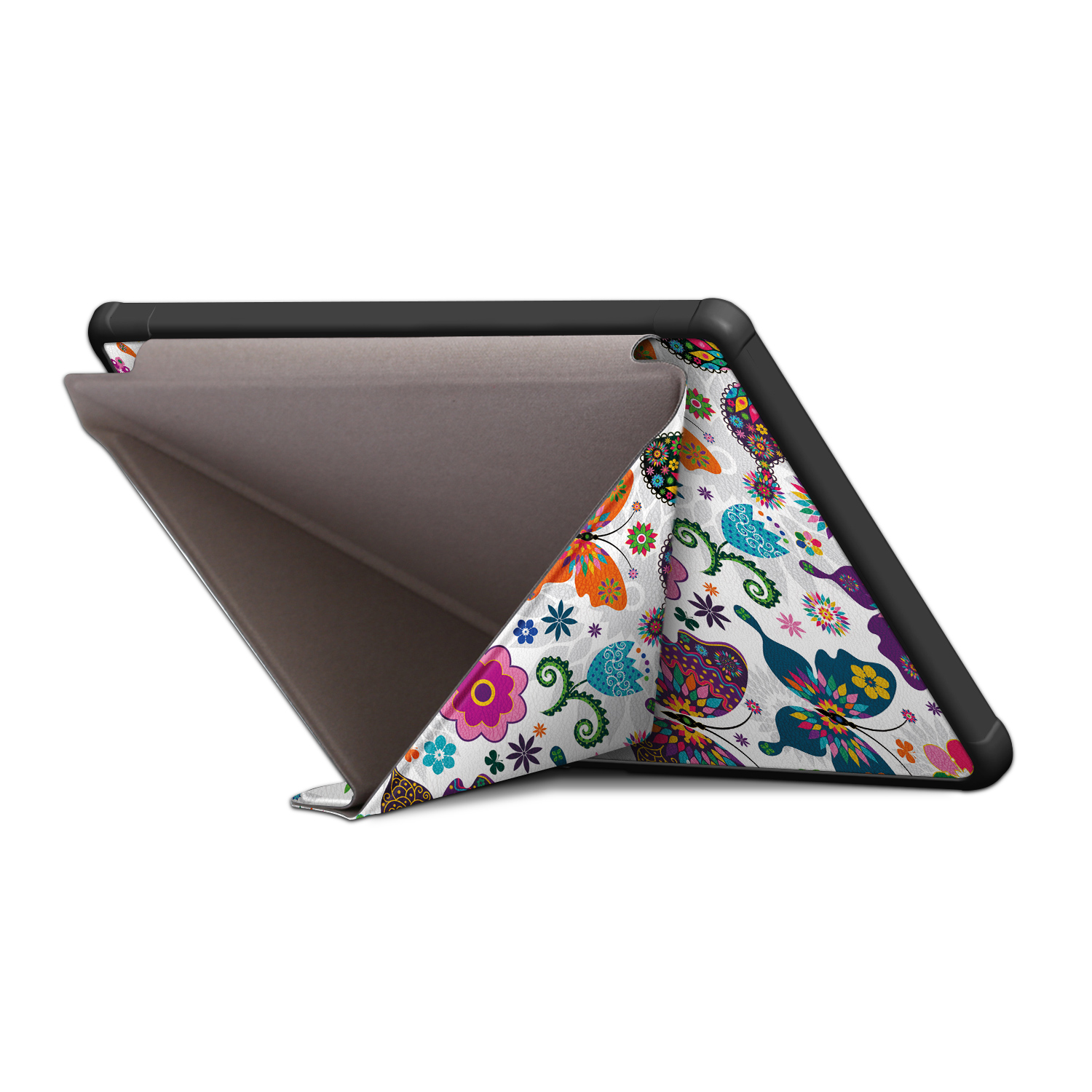 Tablet mit Schmetterling-Blumen-Hülle. Geöffnete Hülle zeigt Blumendesign. Tablet ist eingerichtet. Weißer Hintergrund.