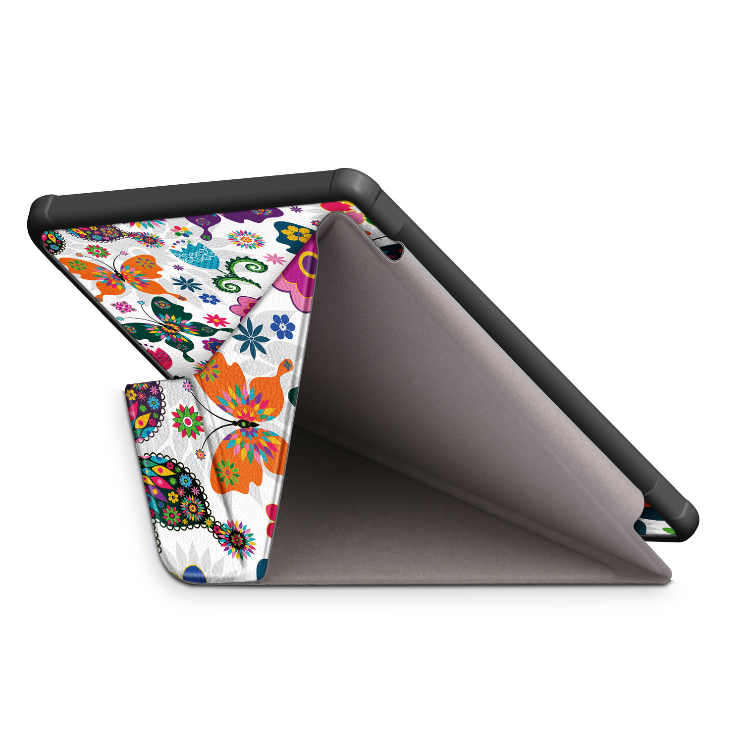 Tablet-Hülle mit buntem Schmetterlingsdesign. Das Tablet ist geöffnet und zeigt die dekorierte Innenseite.