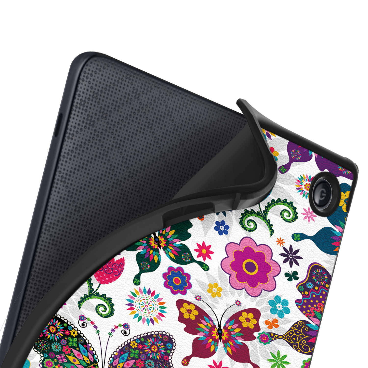 Tablethülle mit Blumen- und Schmetterlingsdesign. Schwarzes Innenfutter.