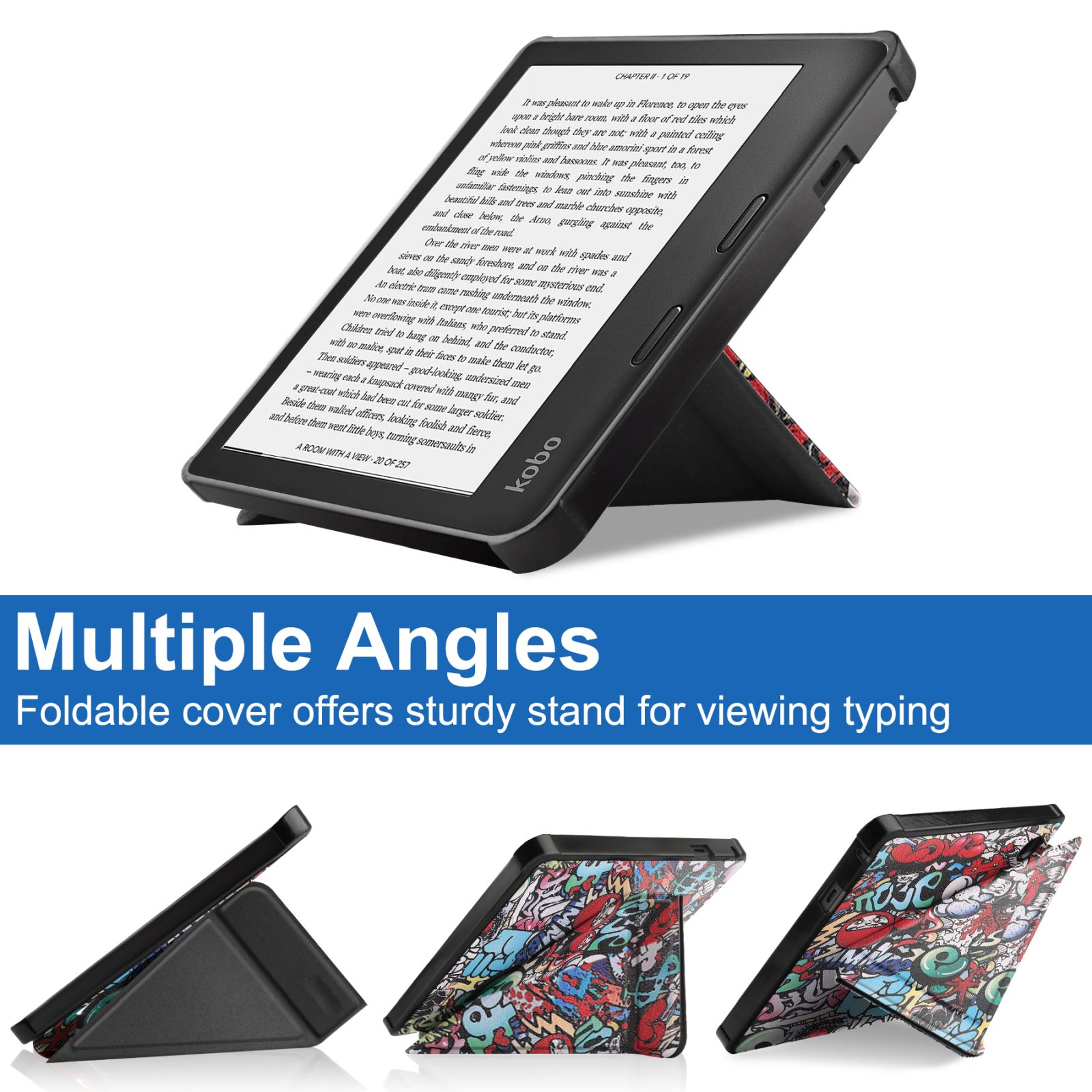 E-Reader in einem Ständer mit gemusterter Hülle. Drei Winkel werden gezeigt. Text: Mehrere Winkel.