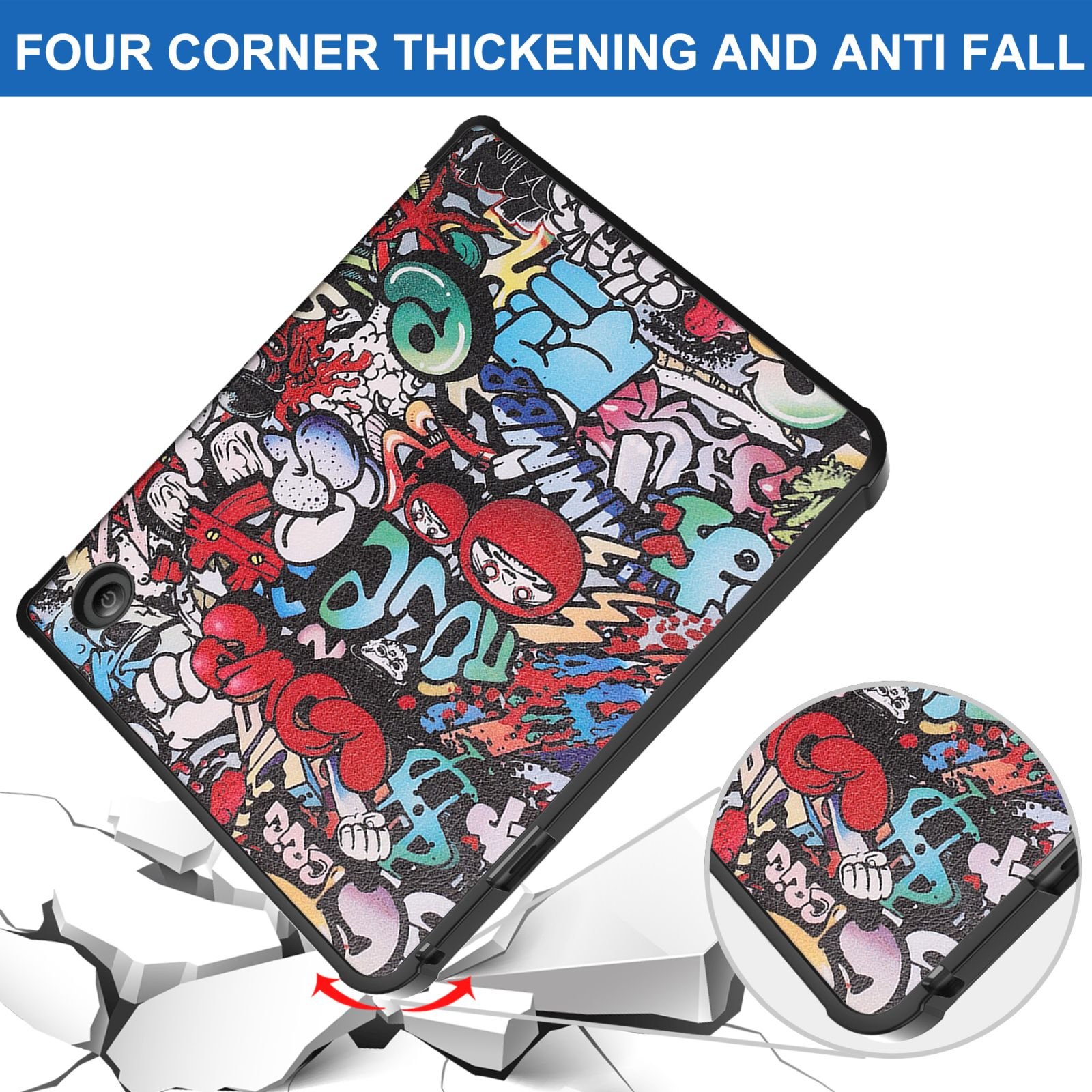 Tablet-Hülle mit Graffiti-Kunst-Design. Die Hülle ist geöffnet, mit Nahaufnahme. Weißer Hintergrund.