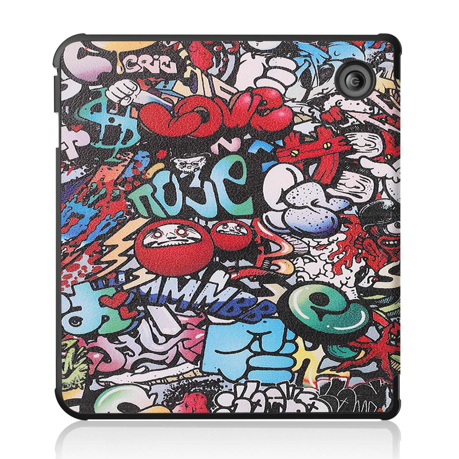 Tablet-Hülle mit Graffiti-Design. Rote, blaue, grüne und weiße Farben. Die Hülle bedeckt das Tablet.