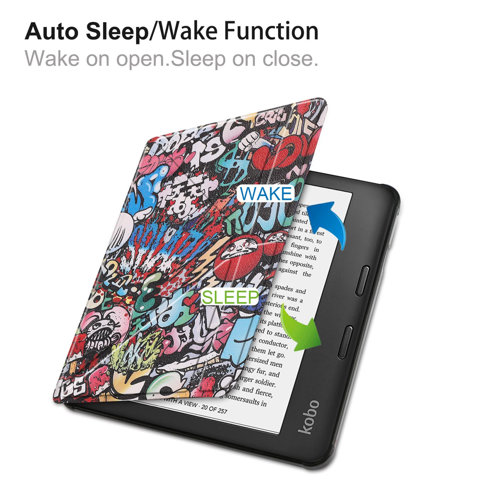 E-Reader-Hülle mit Graffiti-Kunst. Auto-Sleep/Wake-Funktion wird mit Pfeilen angezeigt.