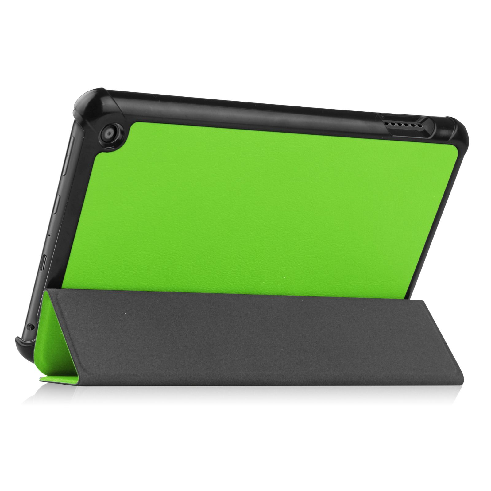 Ein Tablet in einer schwarzen Hülle, zusammengeklappt zum Aufstellen. Hülle grau, Tablet grün.