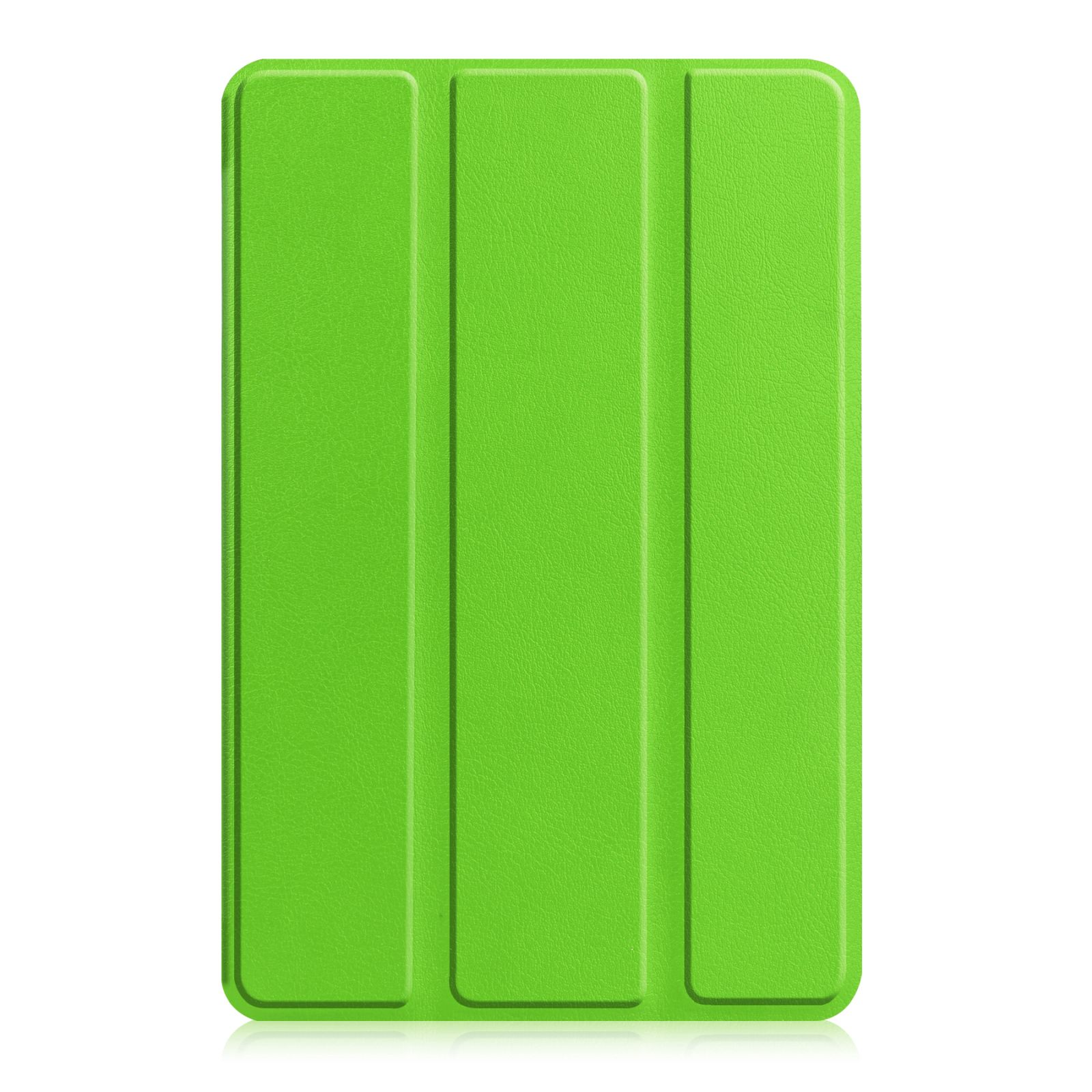 Eine grüne Tablet-Hülle. Die Hülle ist geschlossen und hat drei vertikale Linien. Weißer Hintergrund.