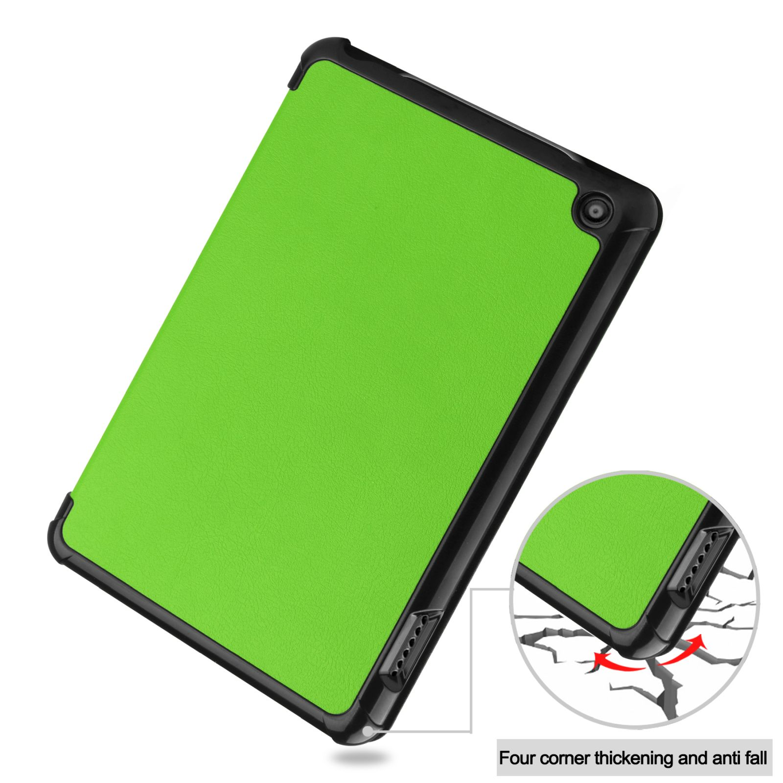Grüne Tablet-Hülle, schwarzer Rahmen. Unten rechts eine Nahaufnahme mit dem Text 'Four corner thickening and anti fall'.