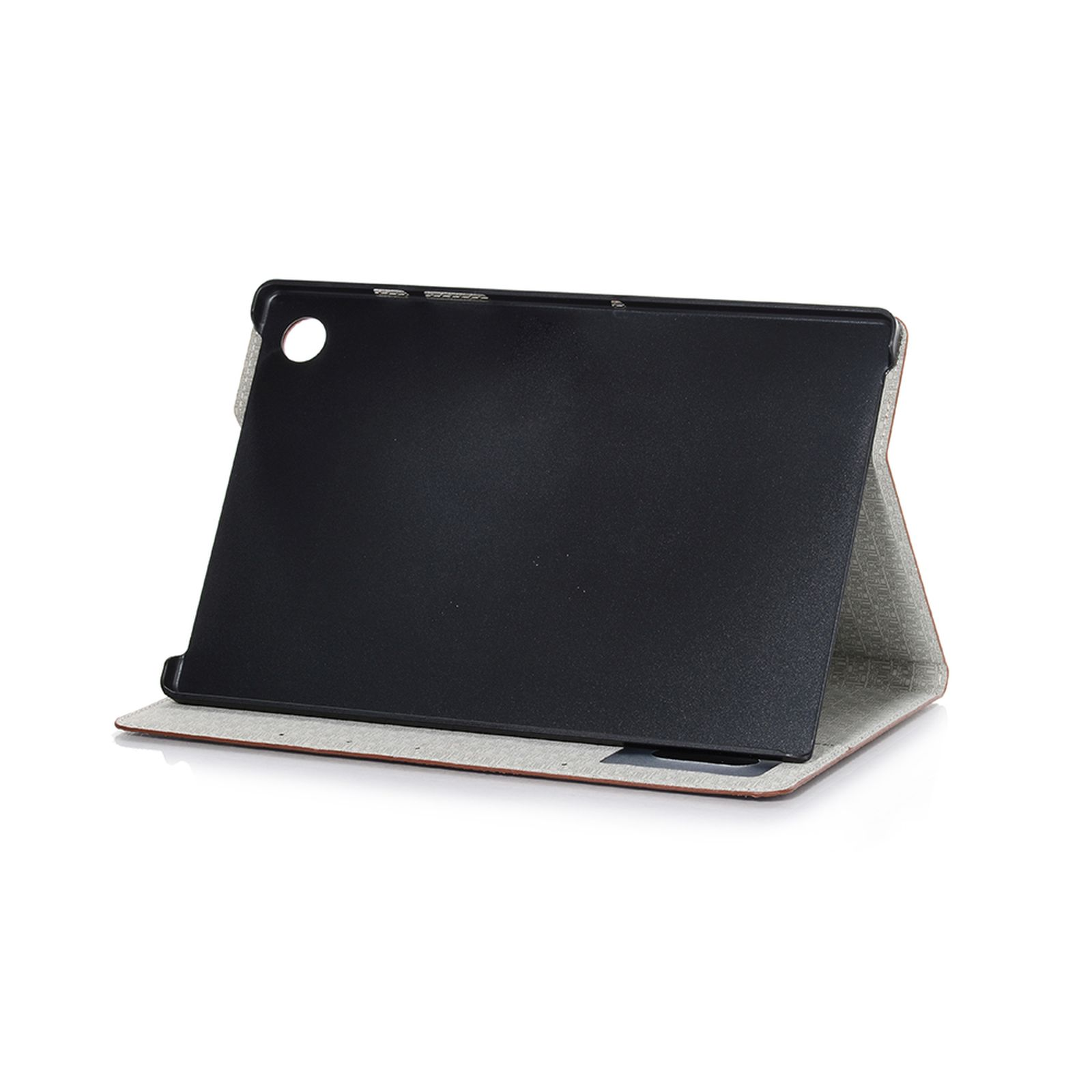 Tablet in schwarzer Hülle, geöffnet, weißer Hintergrund.