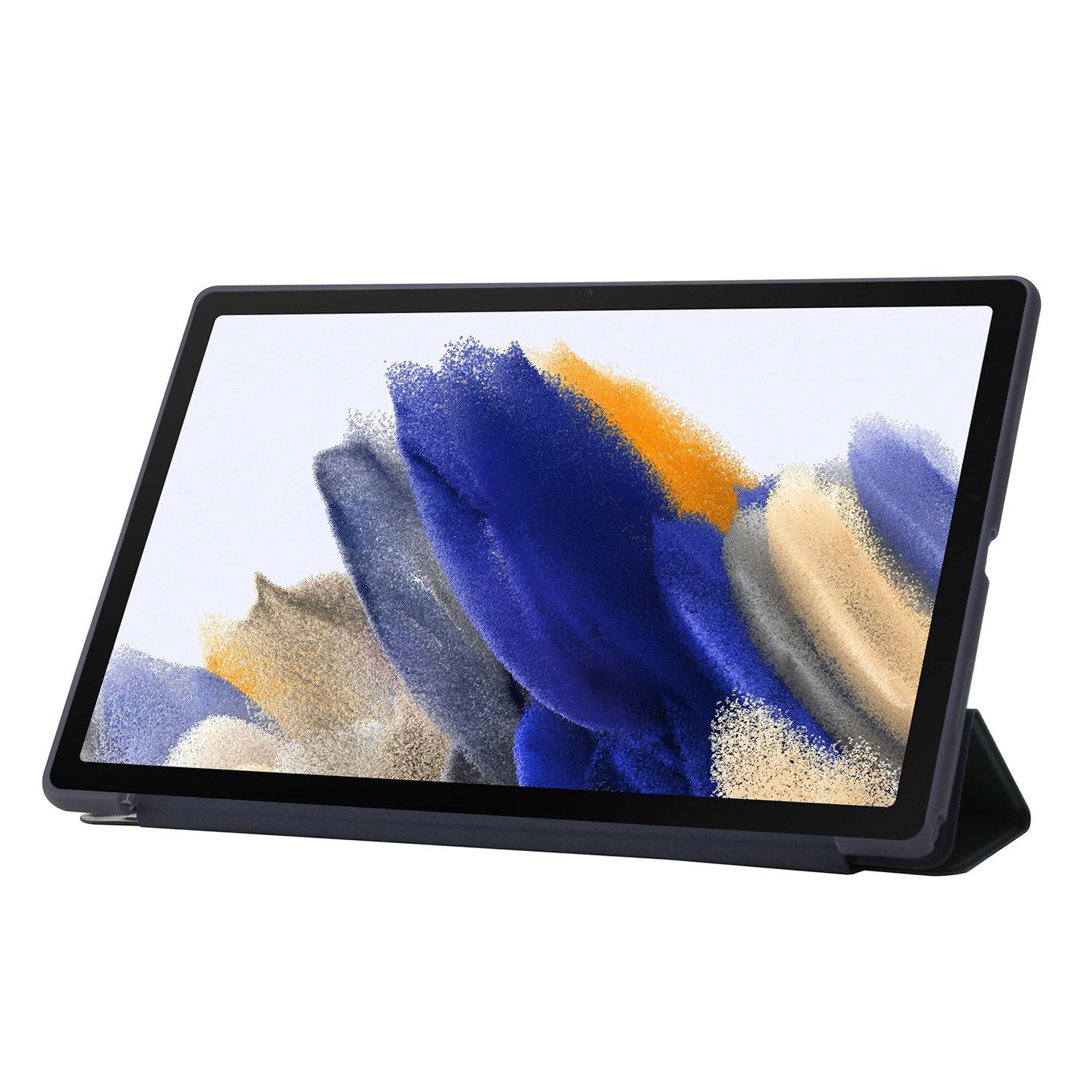Tablet in dunkelblauer Hülle, zeigt den Bildschirm. Der Bildschirm zeigt abstrakte Kunst in Blau, Orange und Weiß.
