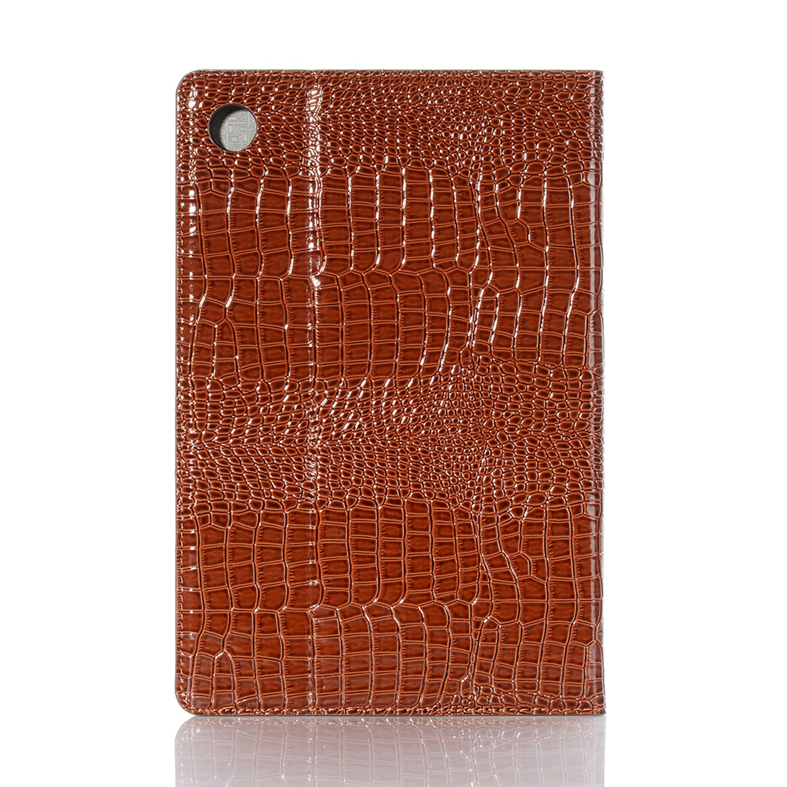 Eine braune Tablet-Hülle mit Kroko-Haut-Textur.