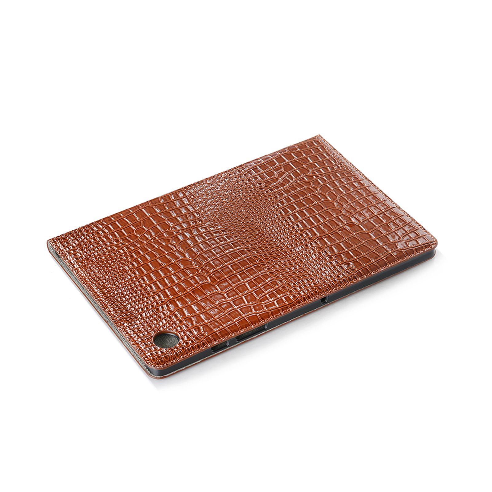 Braune Tablet-Hülle aus Krokodilleder. Strukturierte Oberfläche. Ledermaterial.
