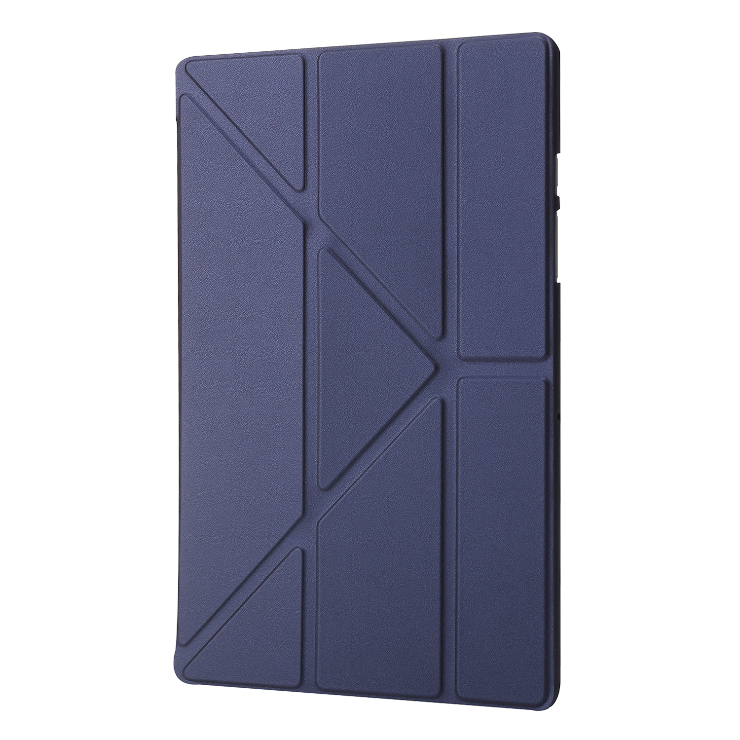 Blaue Tablet-Hülle. Die Vorderseite hat ein geometrisches Design mit gefaltetem Aussehen.