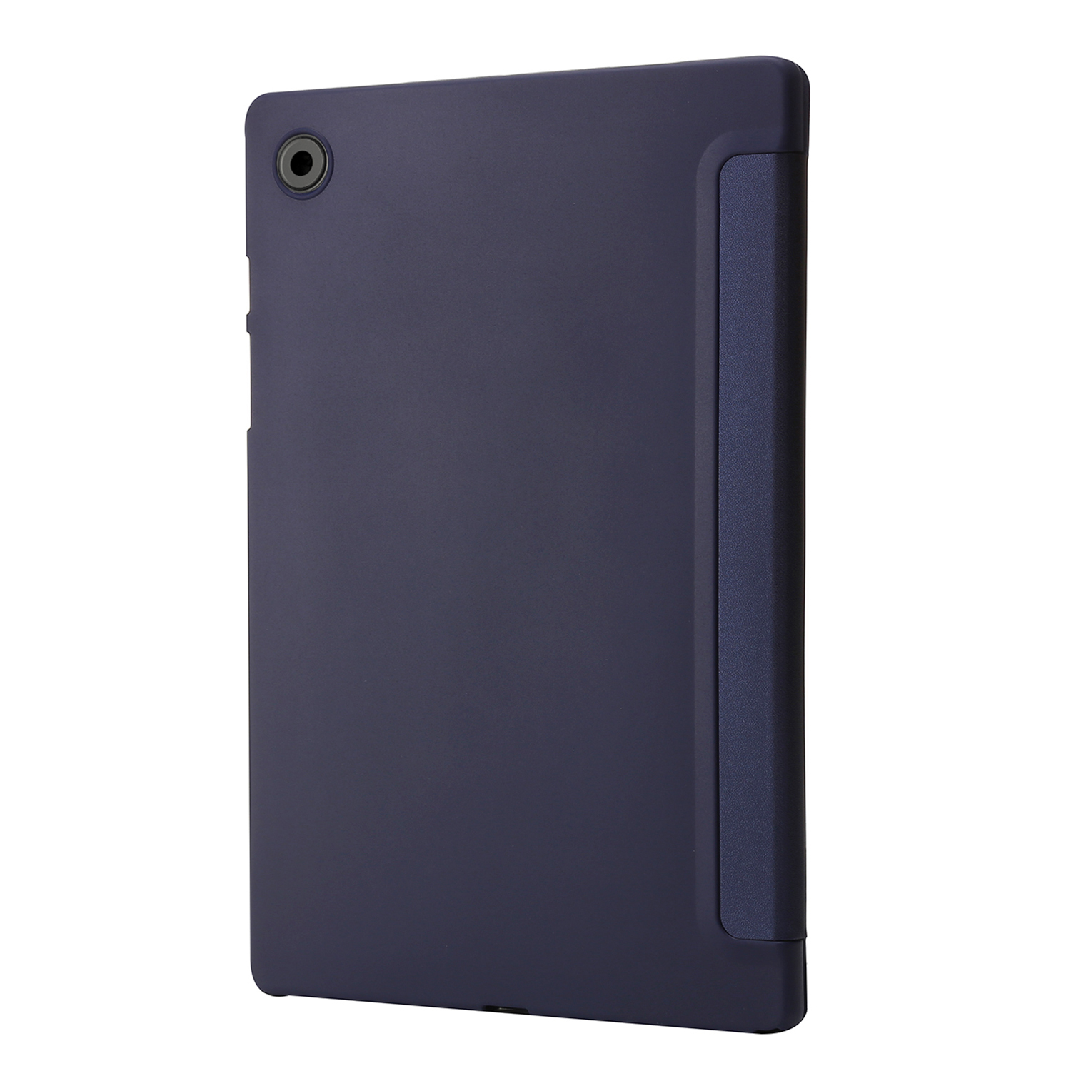 Eine marineblaue Tablethülle mit dunkelblauer Seite und Kameraloch.